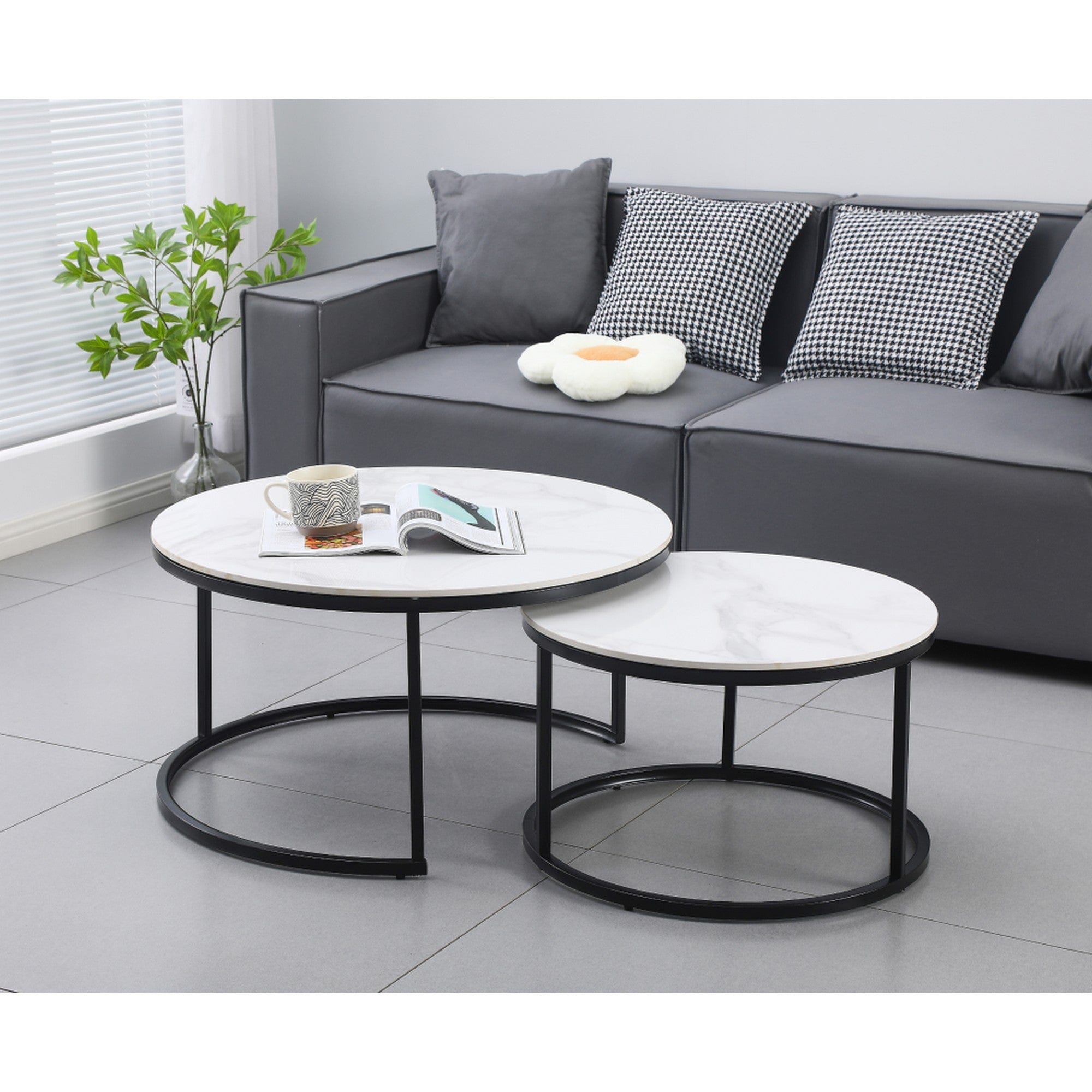 Set 2 masute cafea LASTRO, alb cu efect de marmura/negru, ceramica/otel
