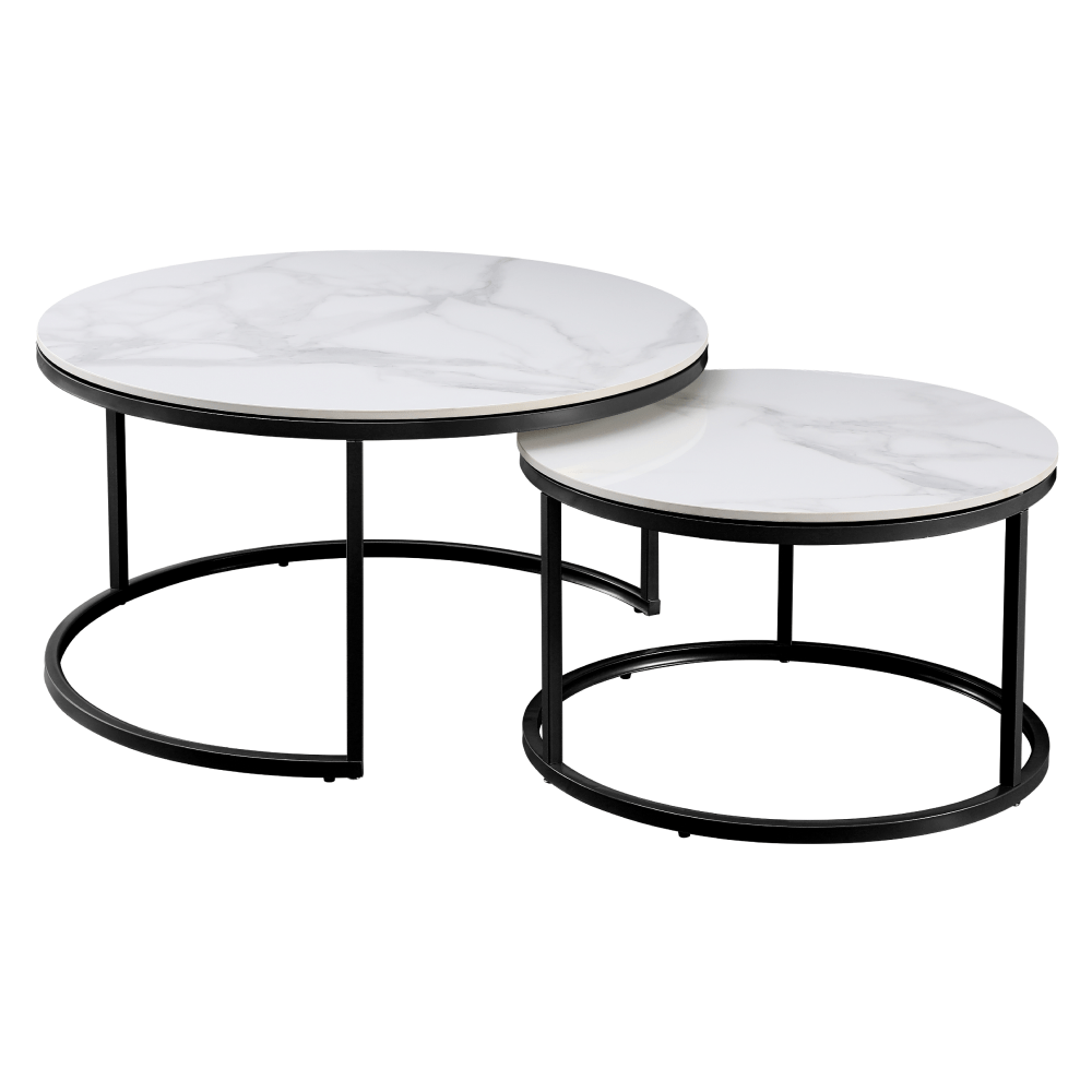 Set 2 masute cafea LASTRO, alb cu efect de marmura/negru, ceramica/otel