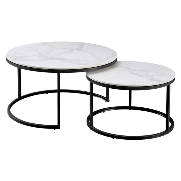 Set 2 masute cafea LASTRO, alb cu efect de marmura/negru, ceramica/otel
