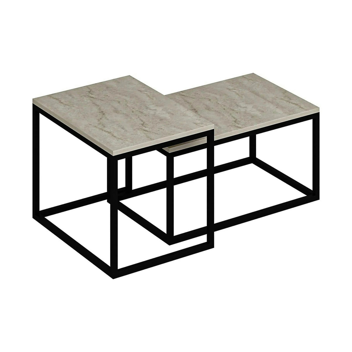 Set 2 masute cafea LEKA, bej cu efect de marmura/negru, PAL melaminat/metal