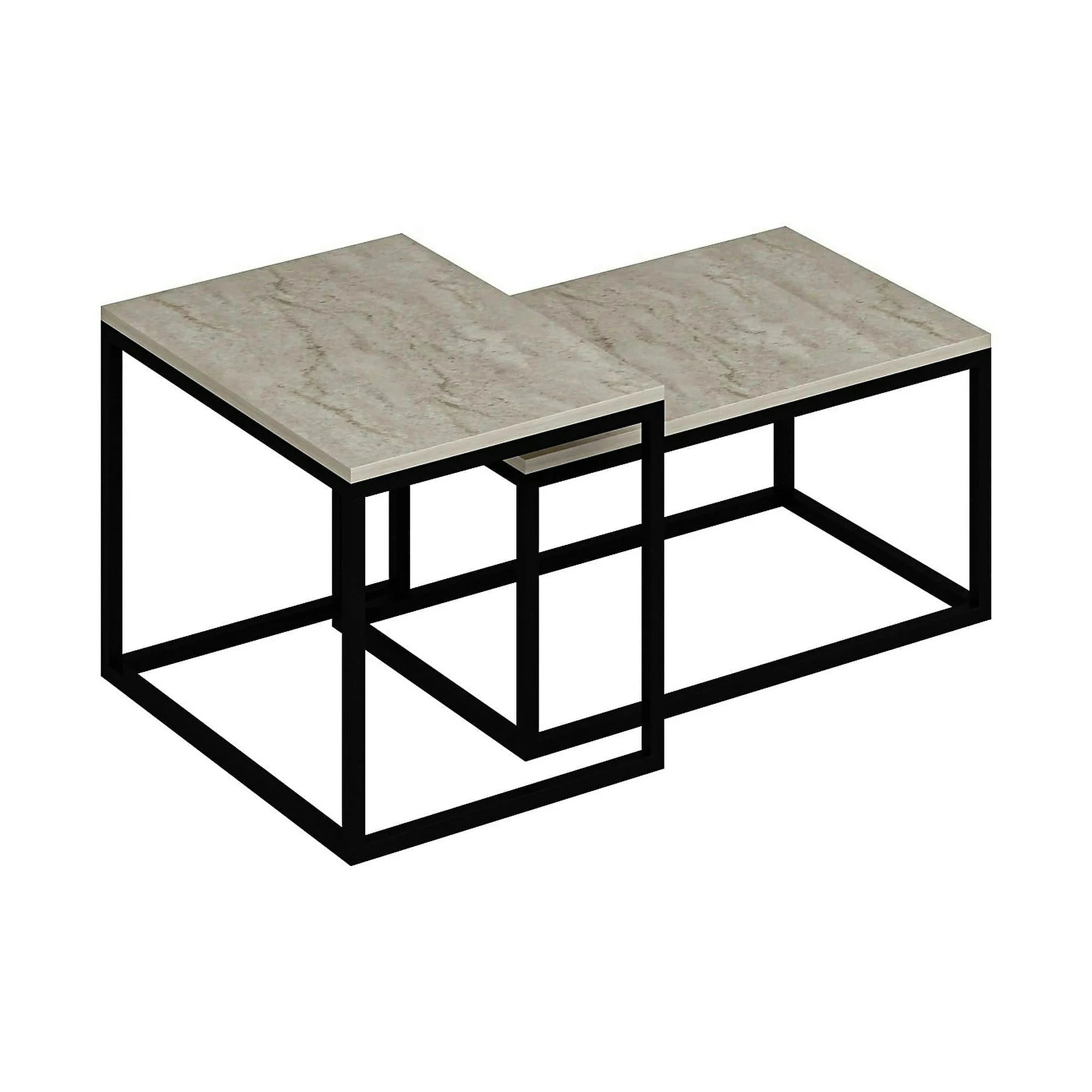 Set 2 masute cafea LEKA, bej cu efect de marmura/negru, PAL melaminat/metal