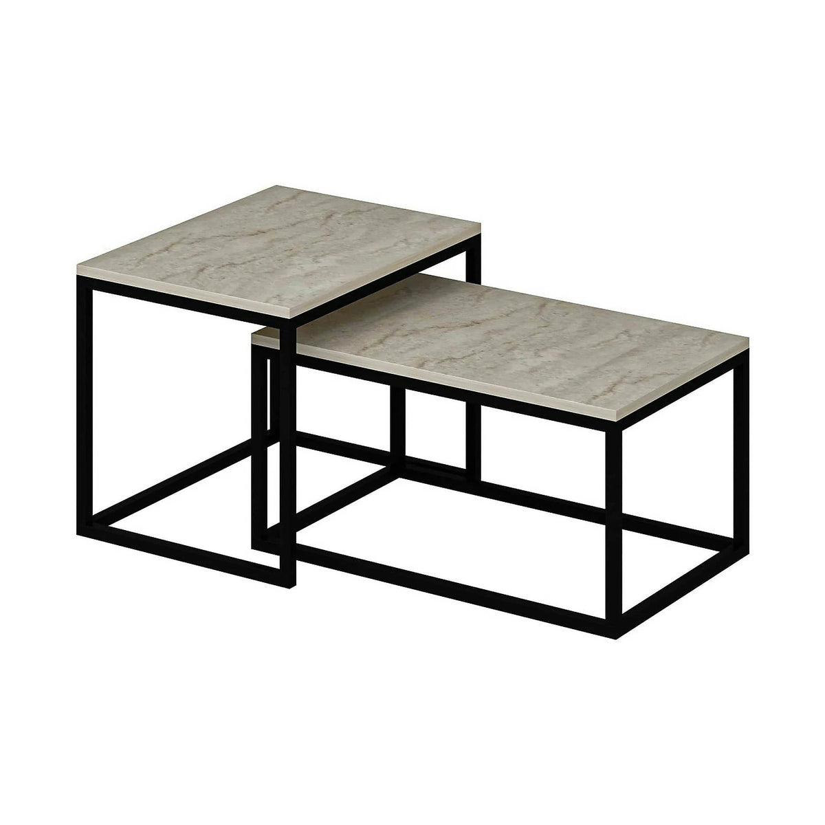 Set 2 masute cafea LEKA, bej cu efect de marmura/negru, PAL melaminat/metal