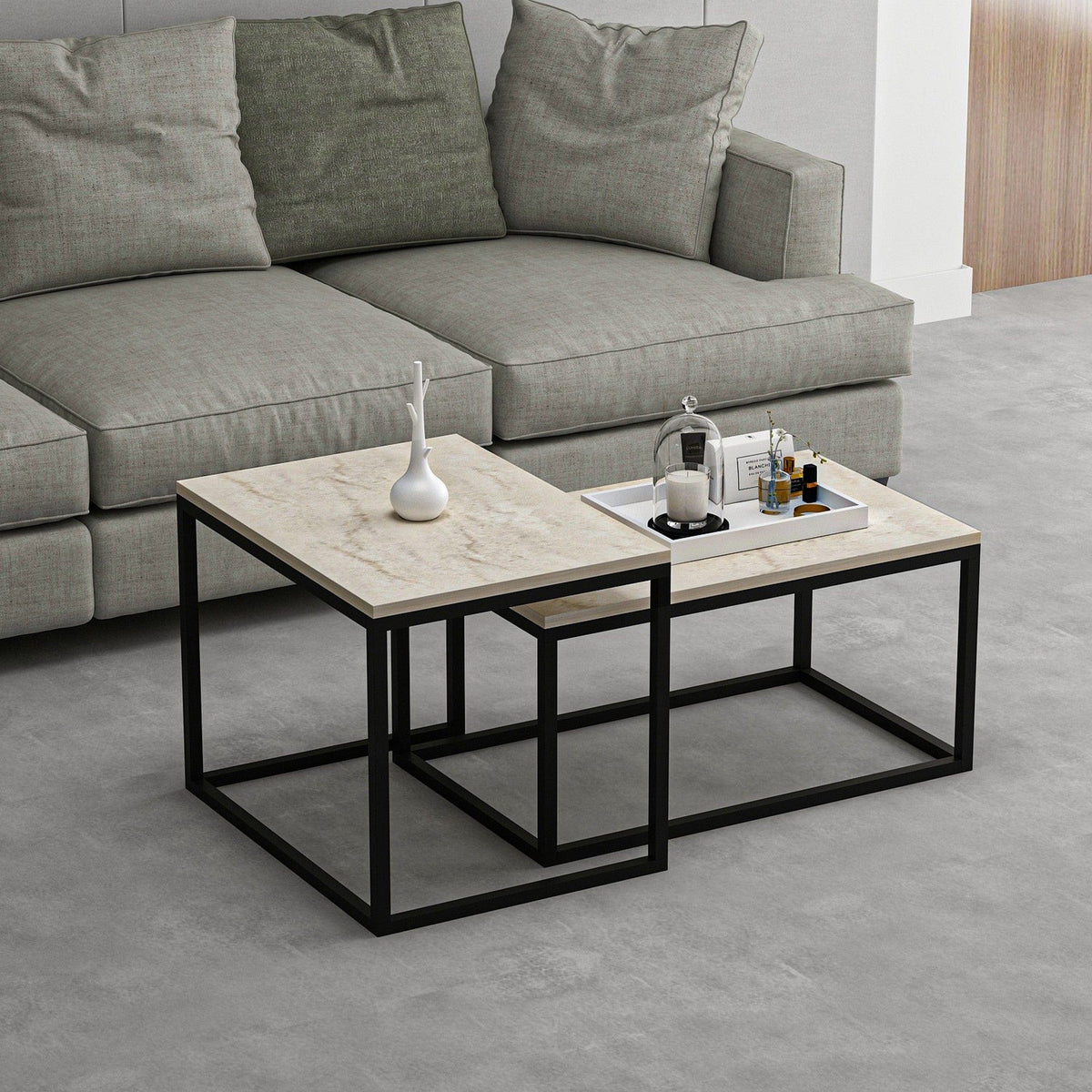 Set 2 masute cafea LEKA, bej cu efect de marmura/negru, PAL melaminat/metal