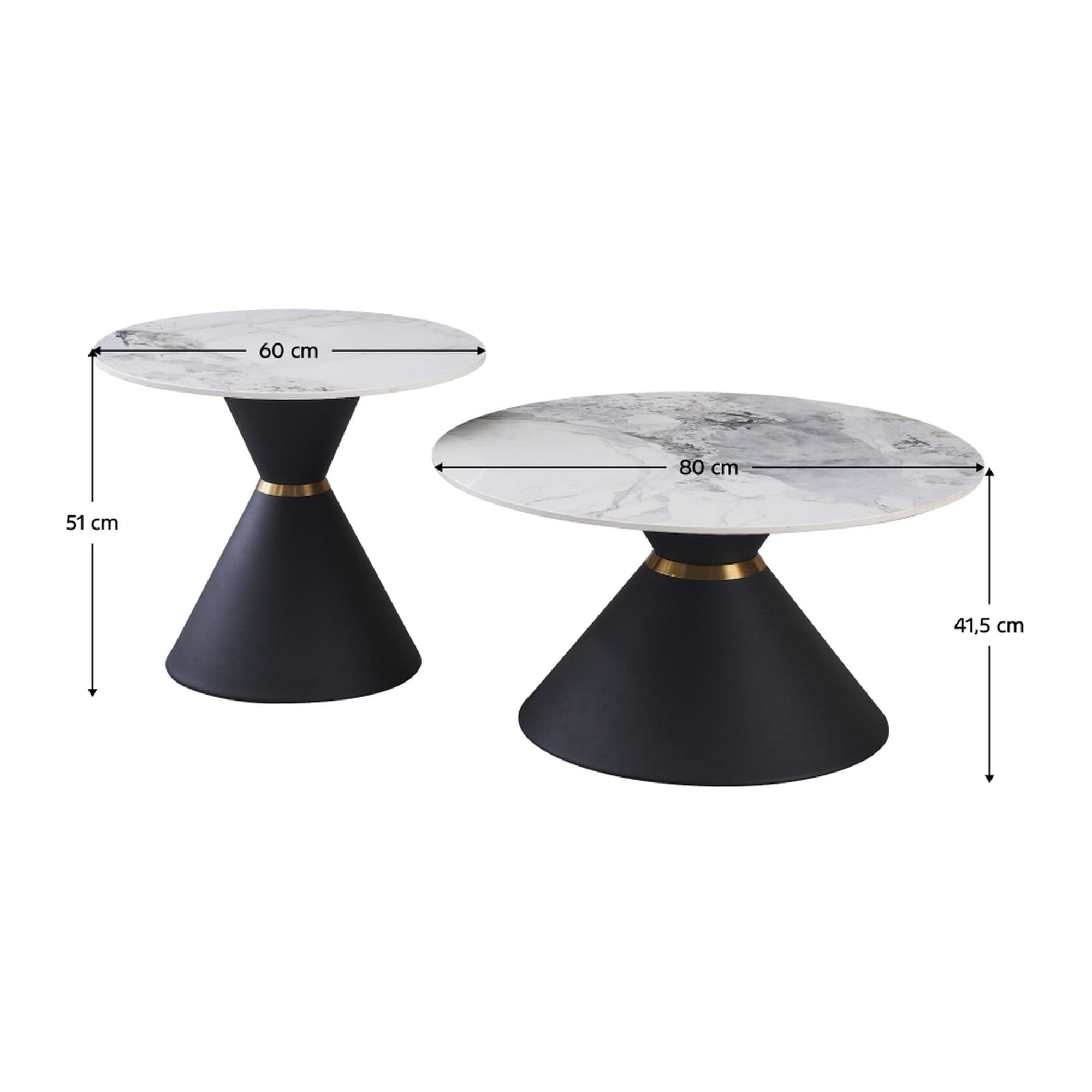 Set 2 masute cafea MABUZ, alb cu efect de marmura/negru, ceramica/otel