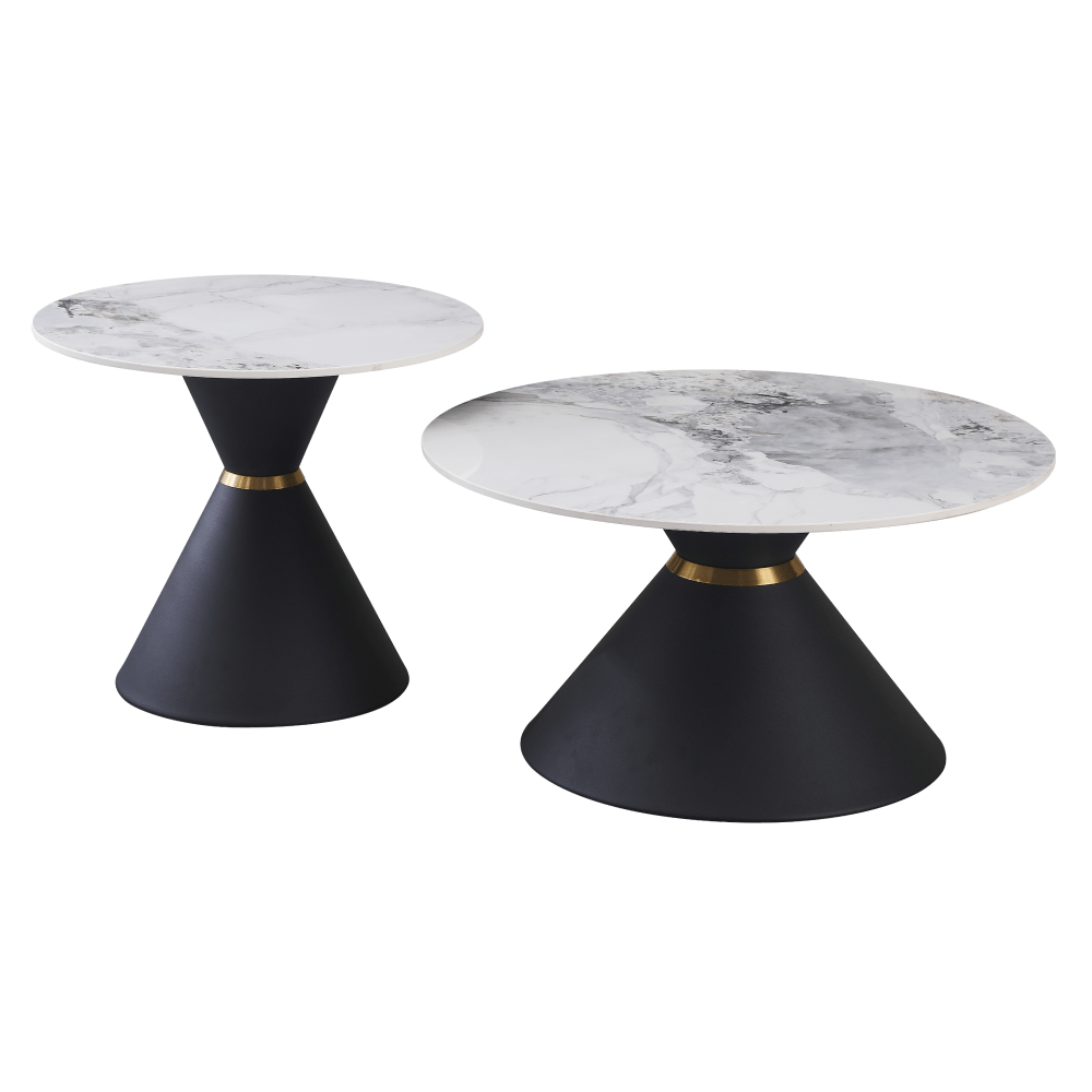 Set 2 masute cafea MABUZ, alb cu efect de marmura/negru, ceramica/otel