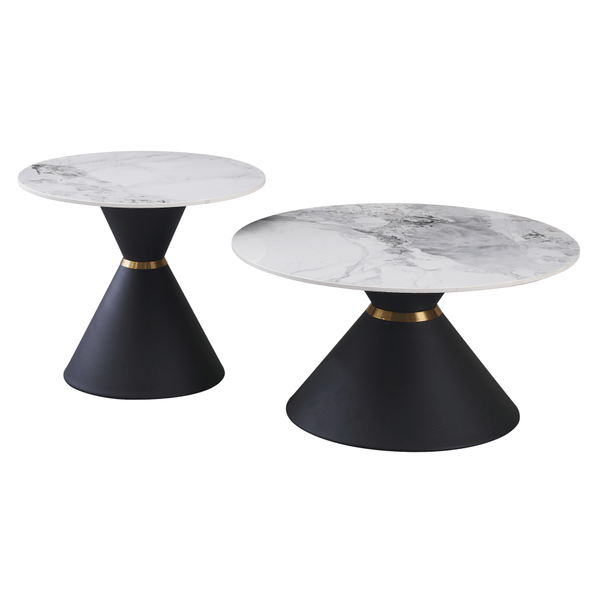 Set 2 masute cafea MABUZ, alb cu efect de marmura/negru, ceramica/otel