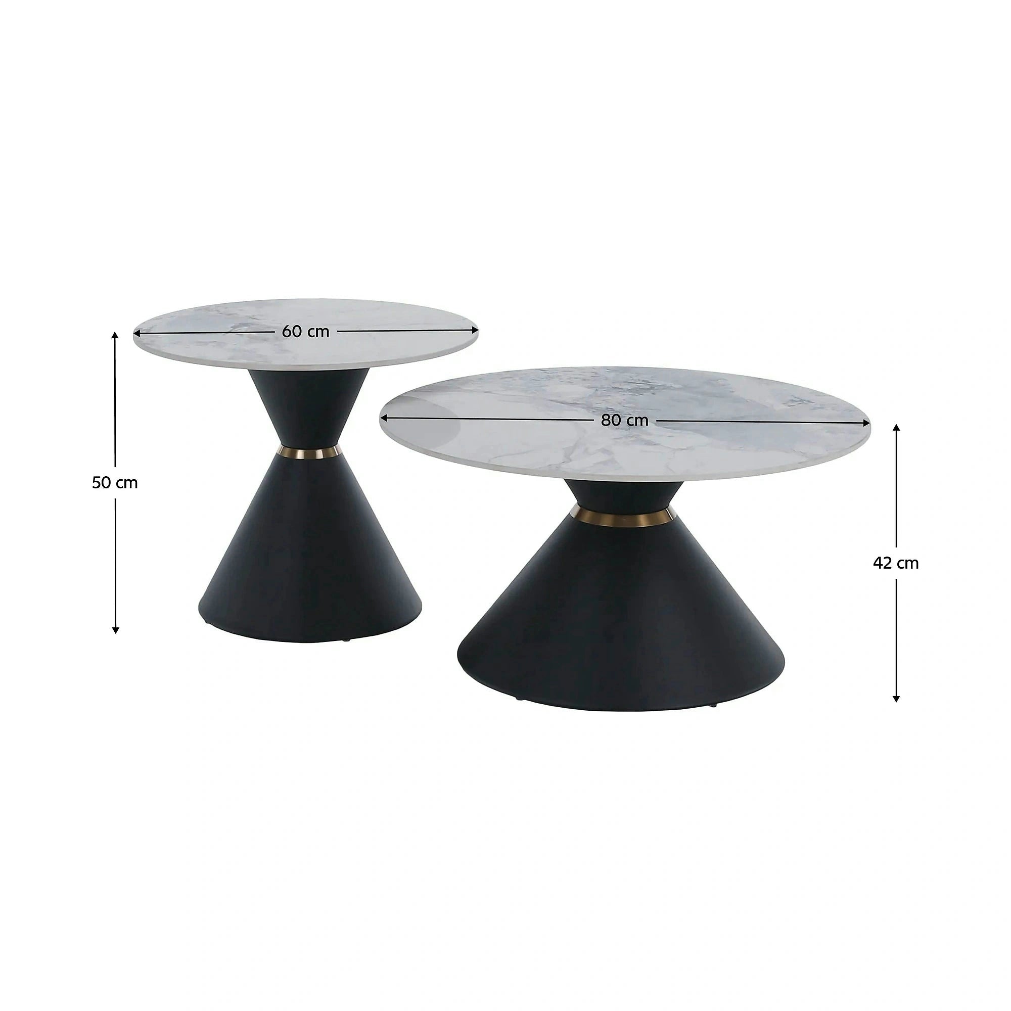 Set 2 masute cafea MABUZ NEW, alb cu efect de marmura/negru, piatra/metal