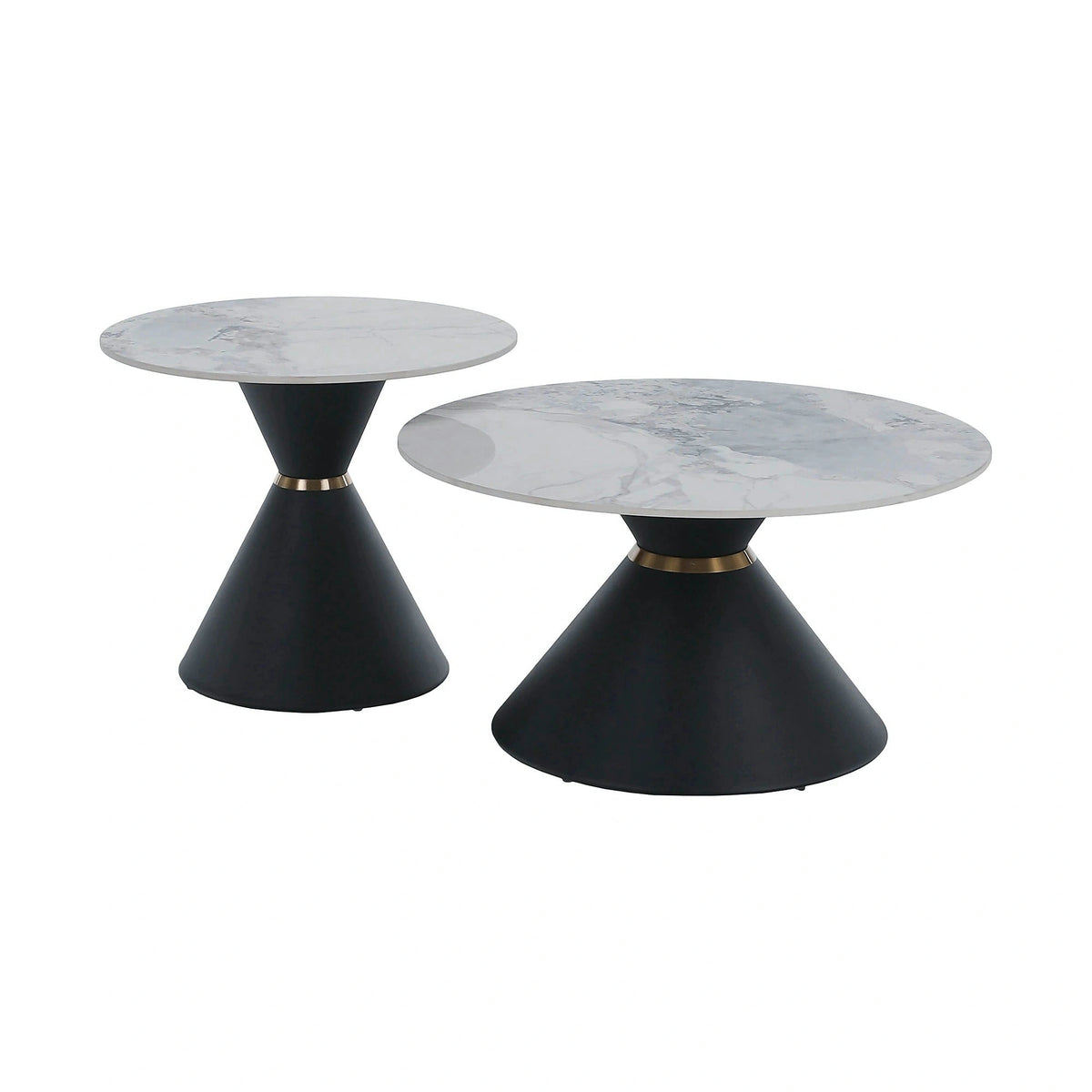 Set 2 masute cafea MABUZ NEW, alb cu efect de marmura/negru, piatra/metal