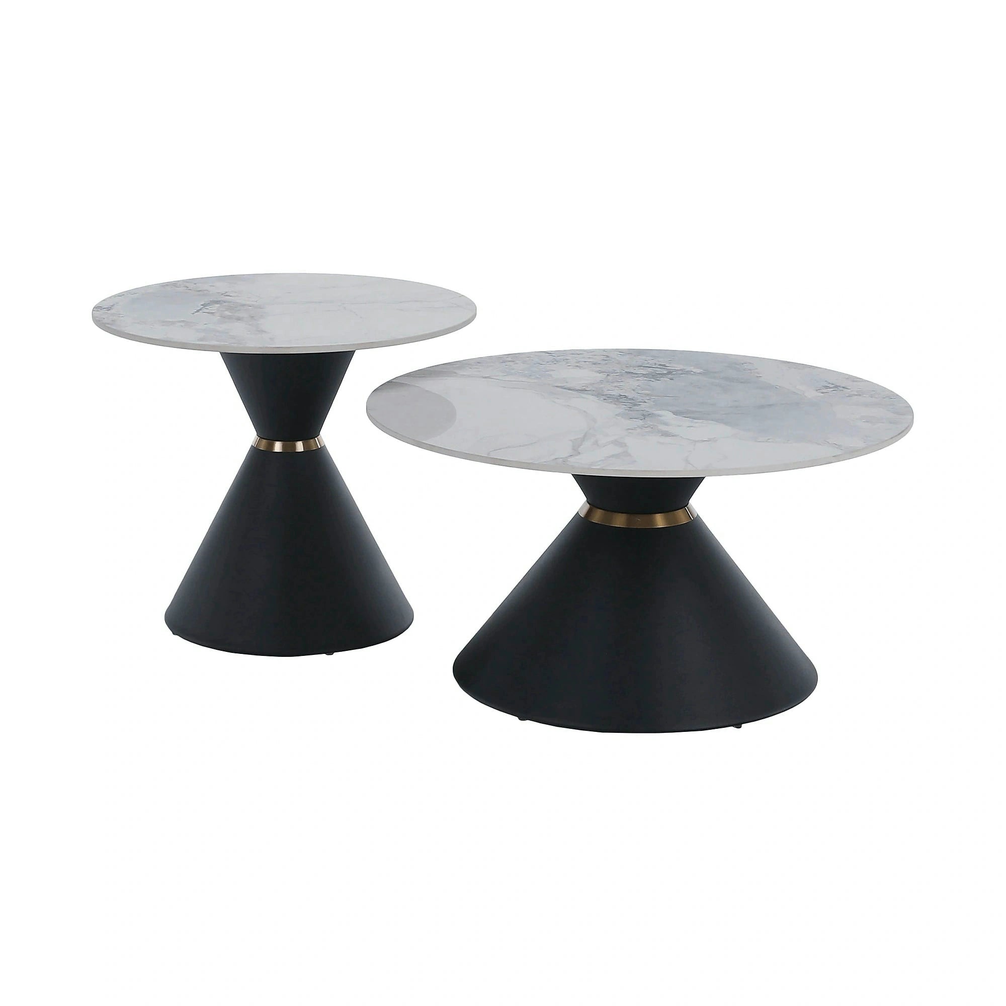Set 2 masute cafea MABUZ NEW, alb cu efect de marmura/negru, piatra/metal