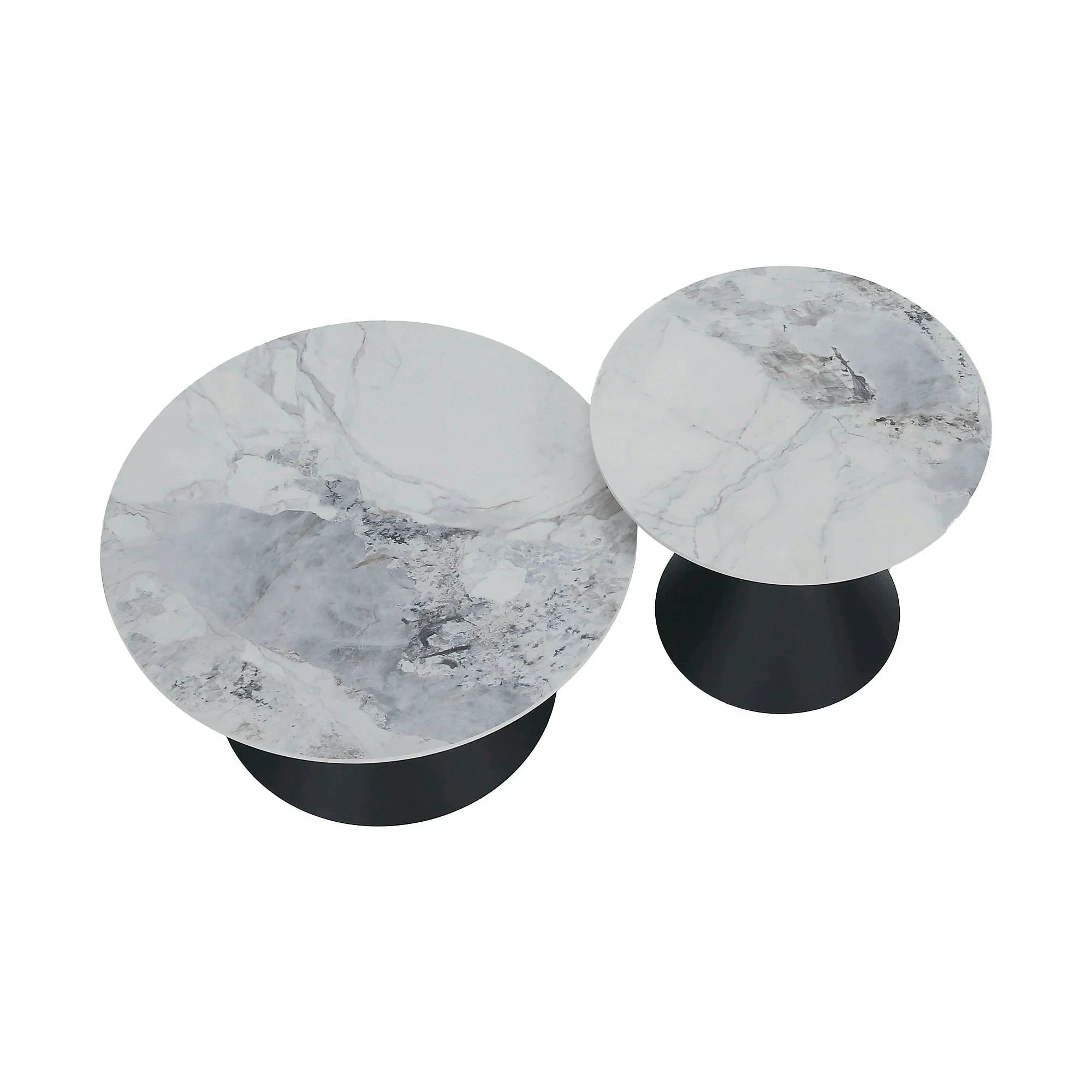 Set 2 masute cafea MABUZ NEW, alb cu efect de marmura/negru, piatra/metal
