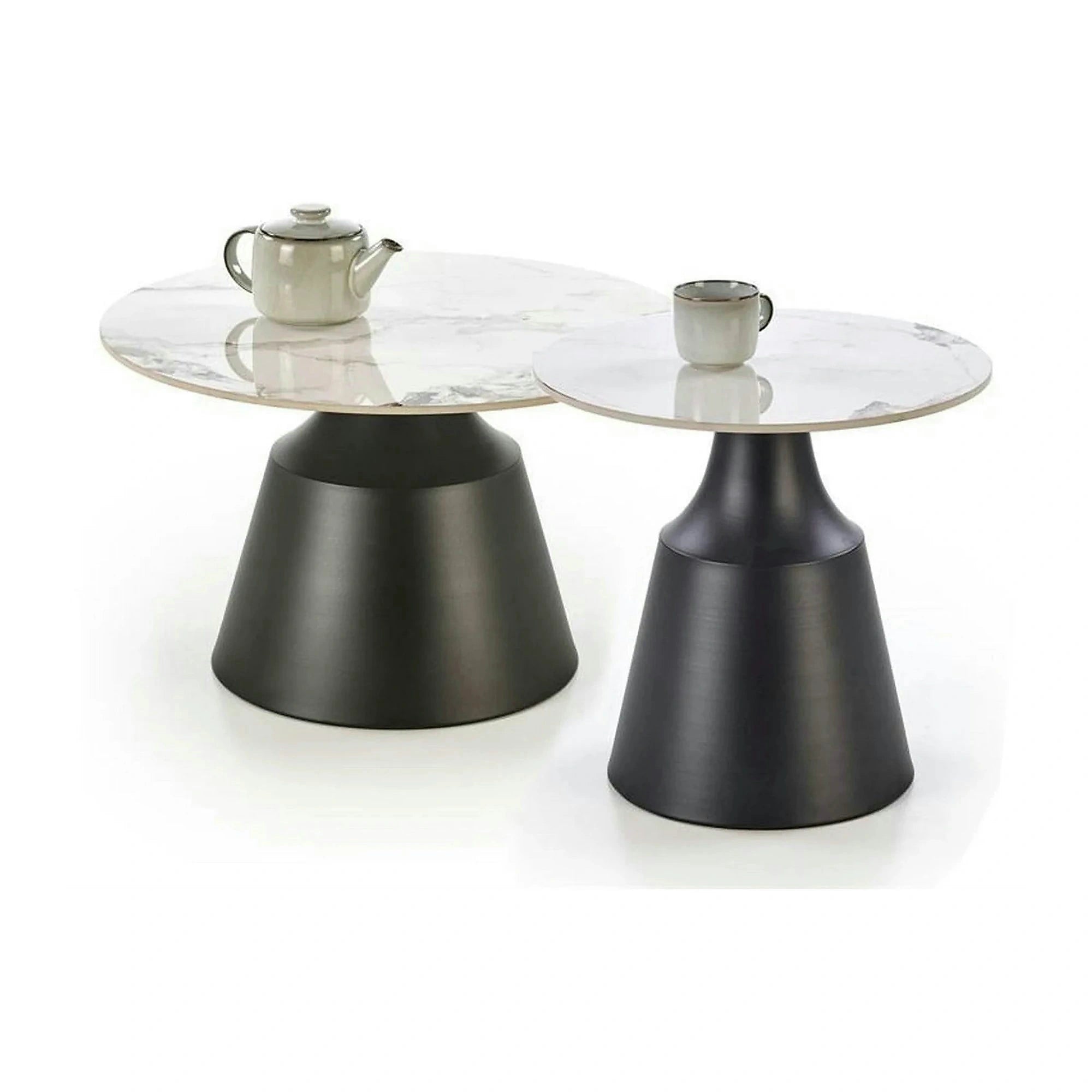 Set 2 masute cafea MAGNETA, alb cu efect de marmura/negru, piatra sinterizata/otel