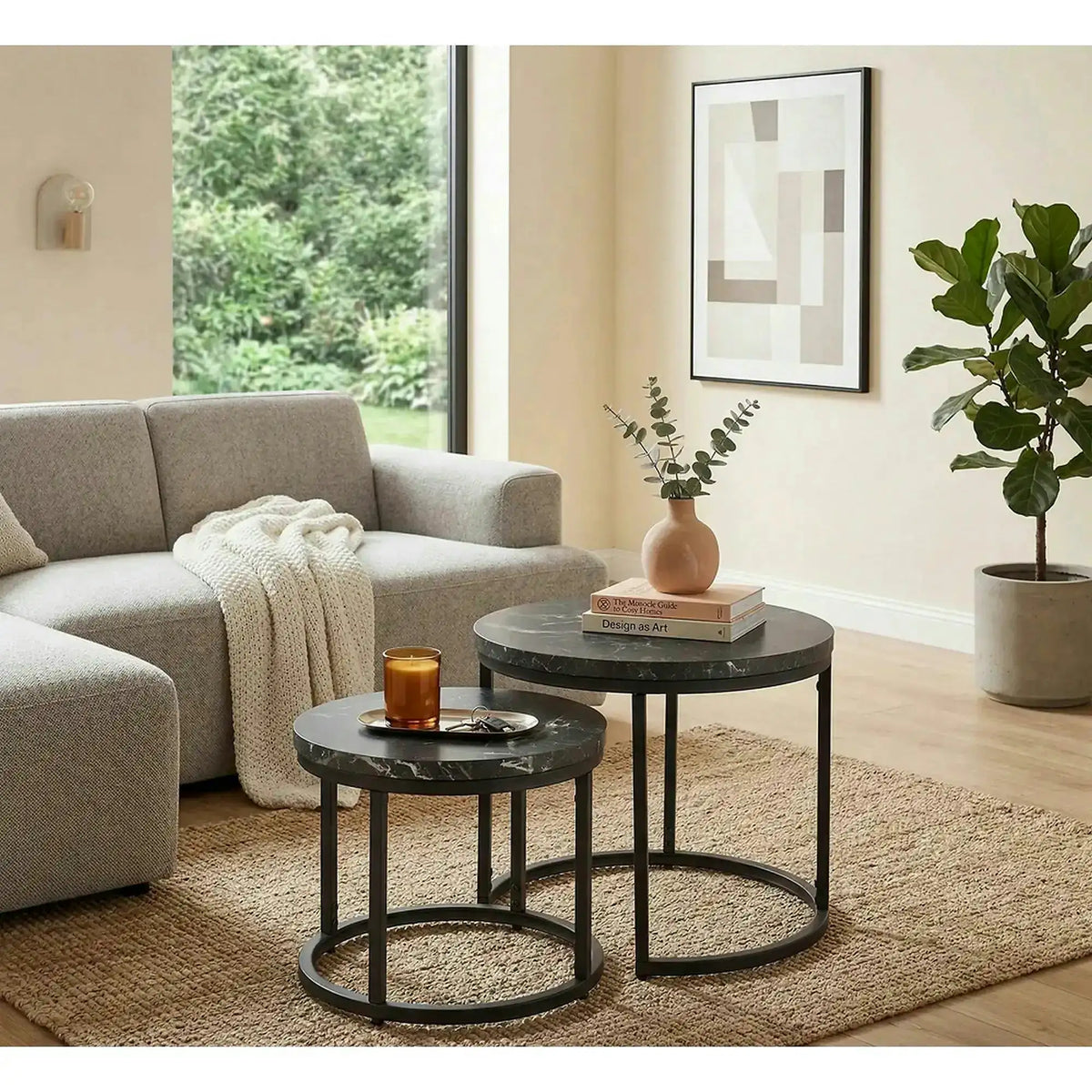 Set 2 masute cafea OREO, negru cu efect de marmura