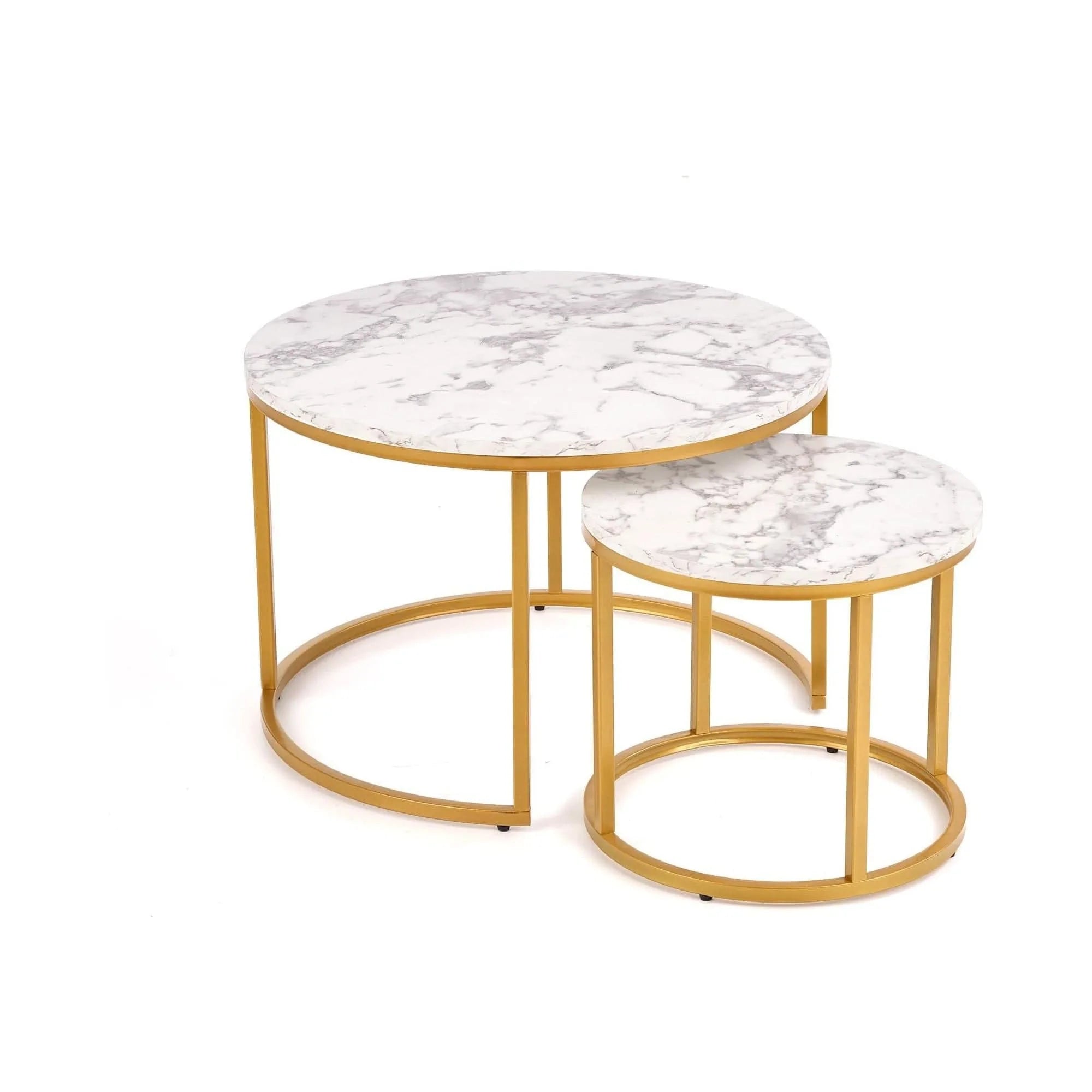 Set 2 masute cafea PAOLA, alb cu efect de marmura/auriu