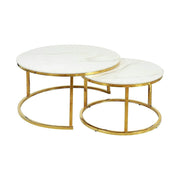 Set 2 masute cafea PORTAFINO A, alb cu efect de marmura/auriu, ceramica/metal, 80/60