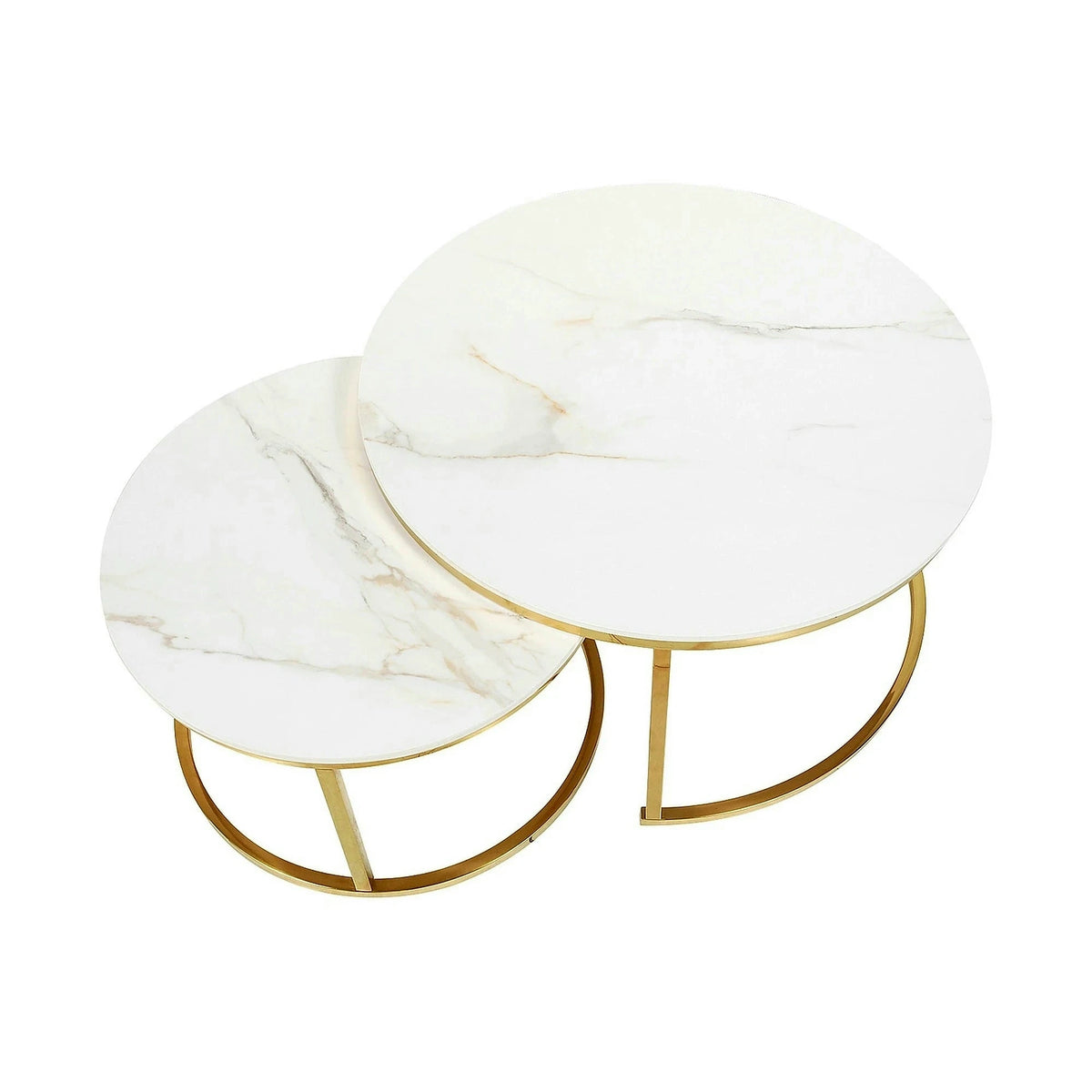 Set 2 masute cafea PORTAFINO A, alb cu efect de marmura/auriu, ceramica/metal, 80/60