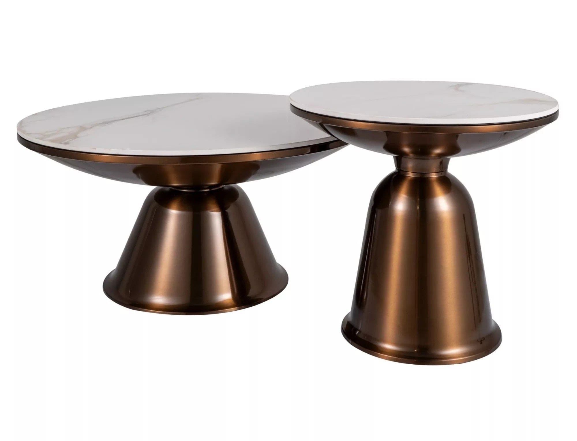 Set 2 masute cafea VERA, alb cu efect de marmura/cupru, ceramica/metal