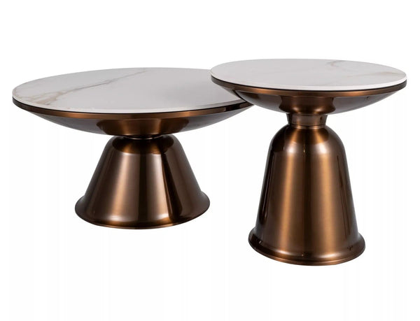 Set 2 masute cafea VERA, alb cu efect de marmura/cupru, ceramica/metal