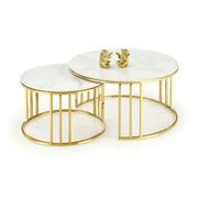 Set 2 masute MERCURY, alb cu efect de marmura/auriu, ceramica/metal