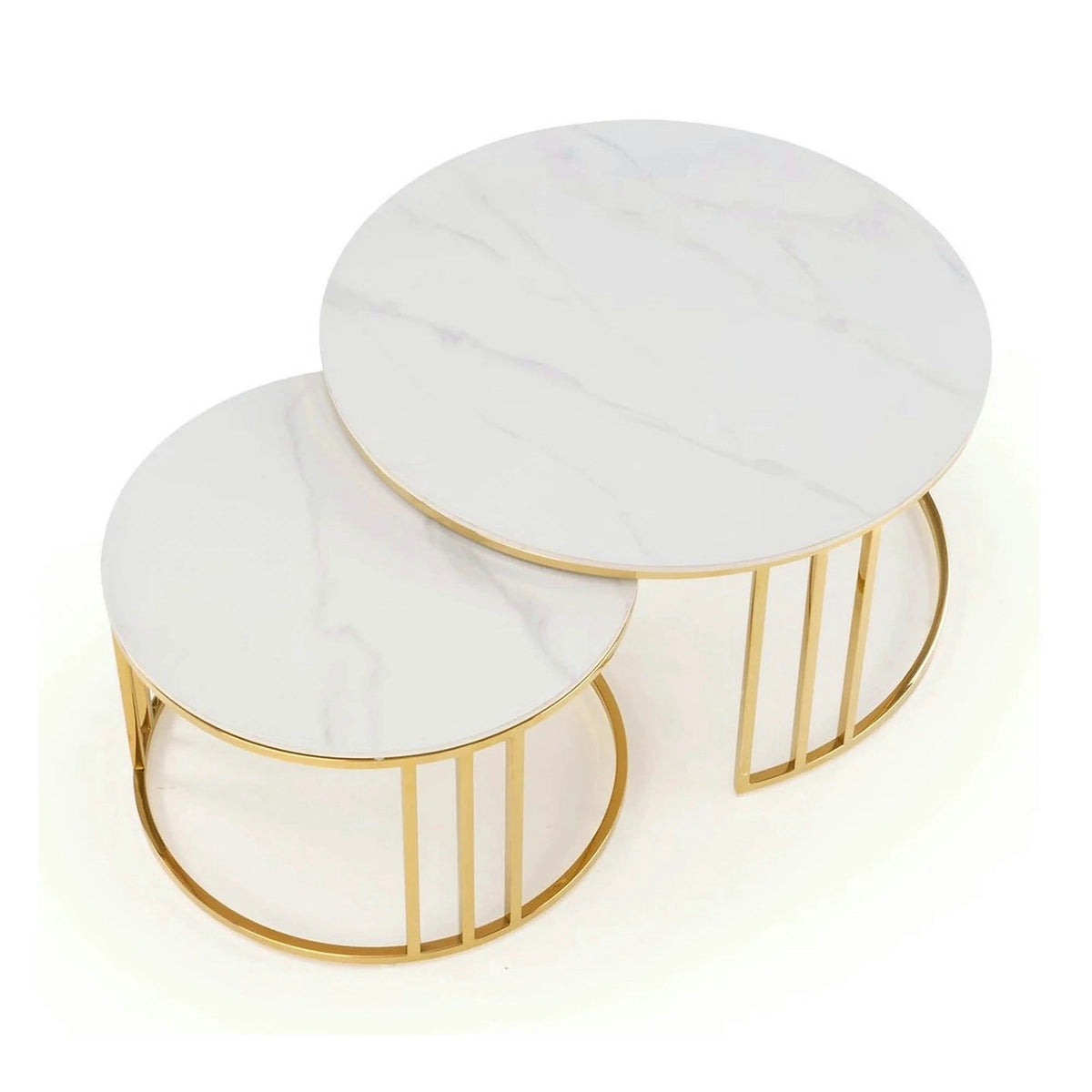 Set 2 masute MERCURY, alb cu efect de marmura/auriu, ceramica/metal