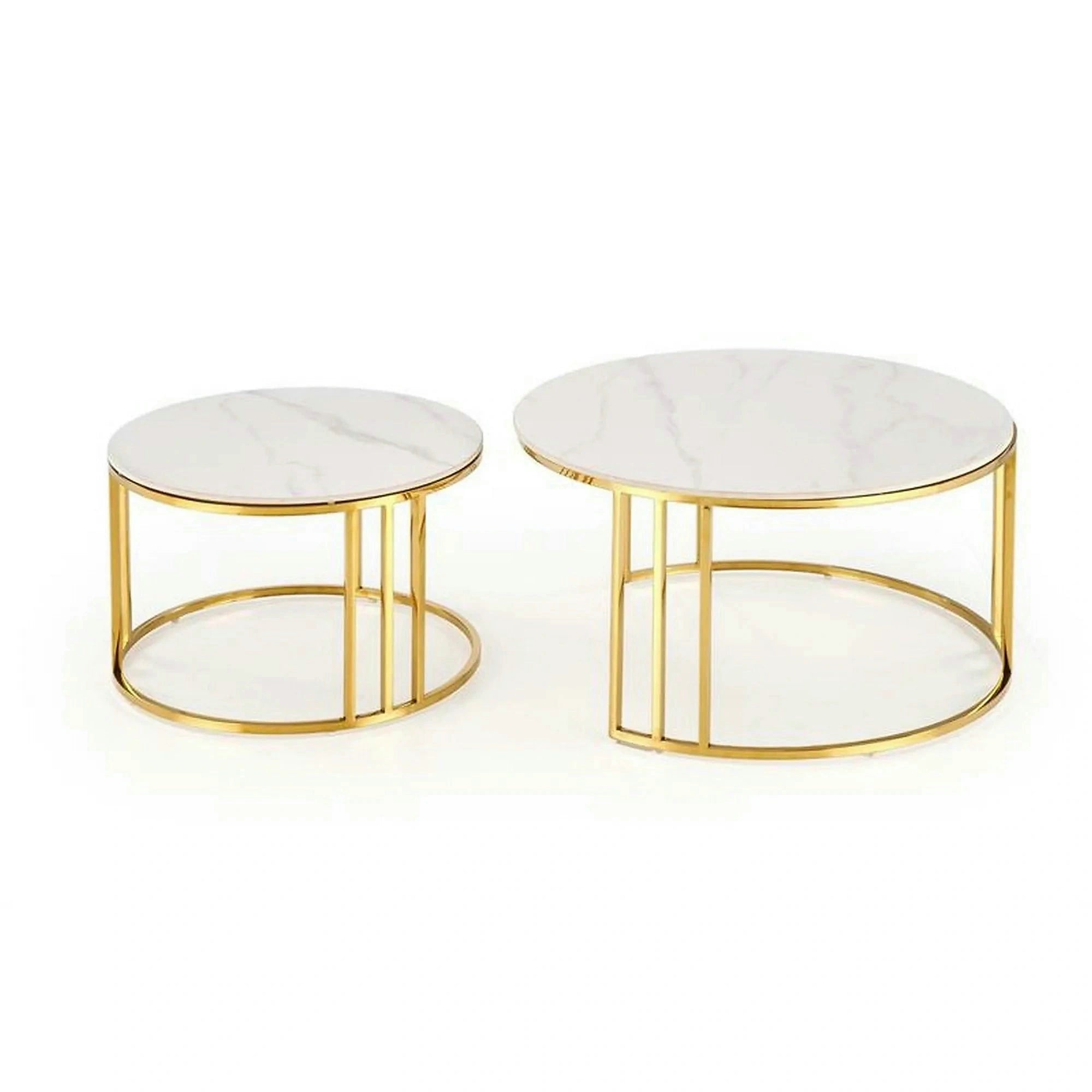 Set 2 masute MERCURY, alb cu efect de marmura/auriu, ceramica/metal