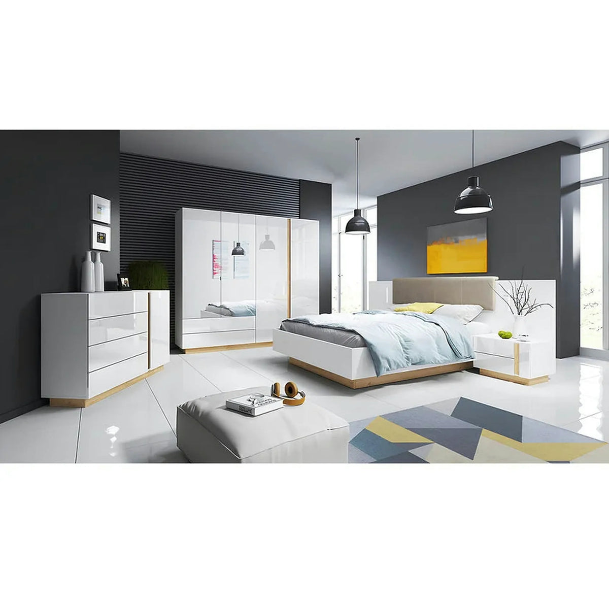 Set 2 noptiere CITY, alb/stejar, PAL laminat, 60x46x105 cm