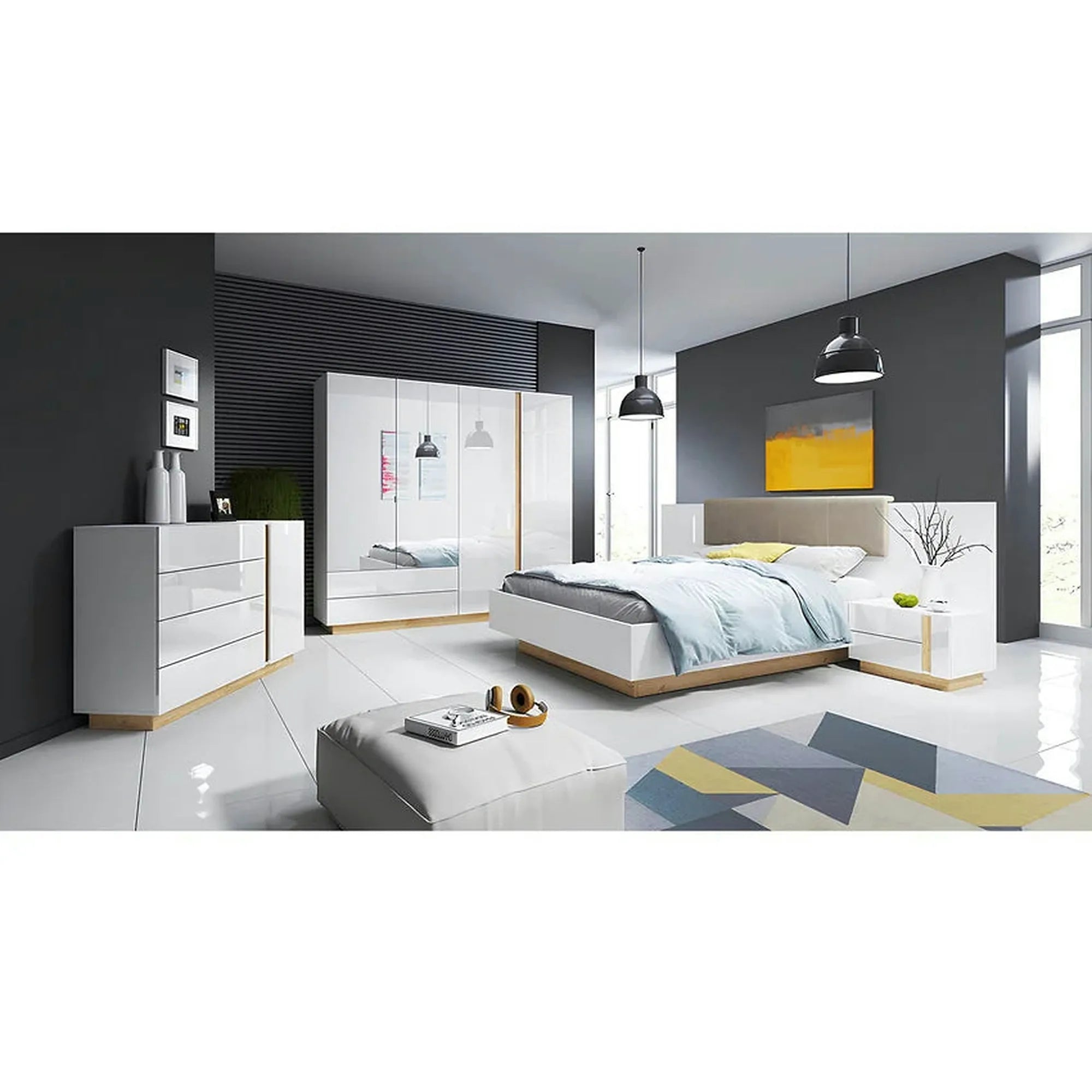 Set 2 noptiere CITY, alb/stejar, PAL laminat, 60x46x105 cm