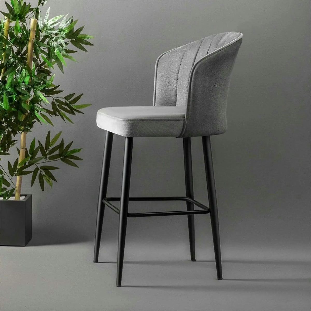 Set 2 scaune bar RUBI, gri/negru, stofa catifelata/metal, 52x42x97 cm