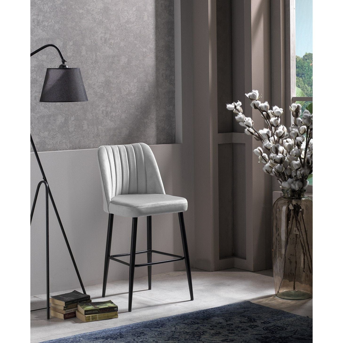 Set 2 scaune bar VENTO, crem/negru, stofa catifelata/metal, 49x45x99 cm