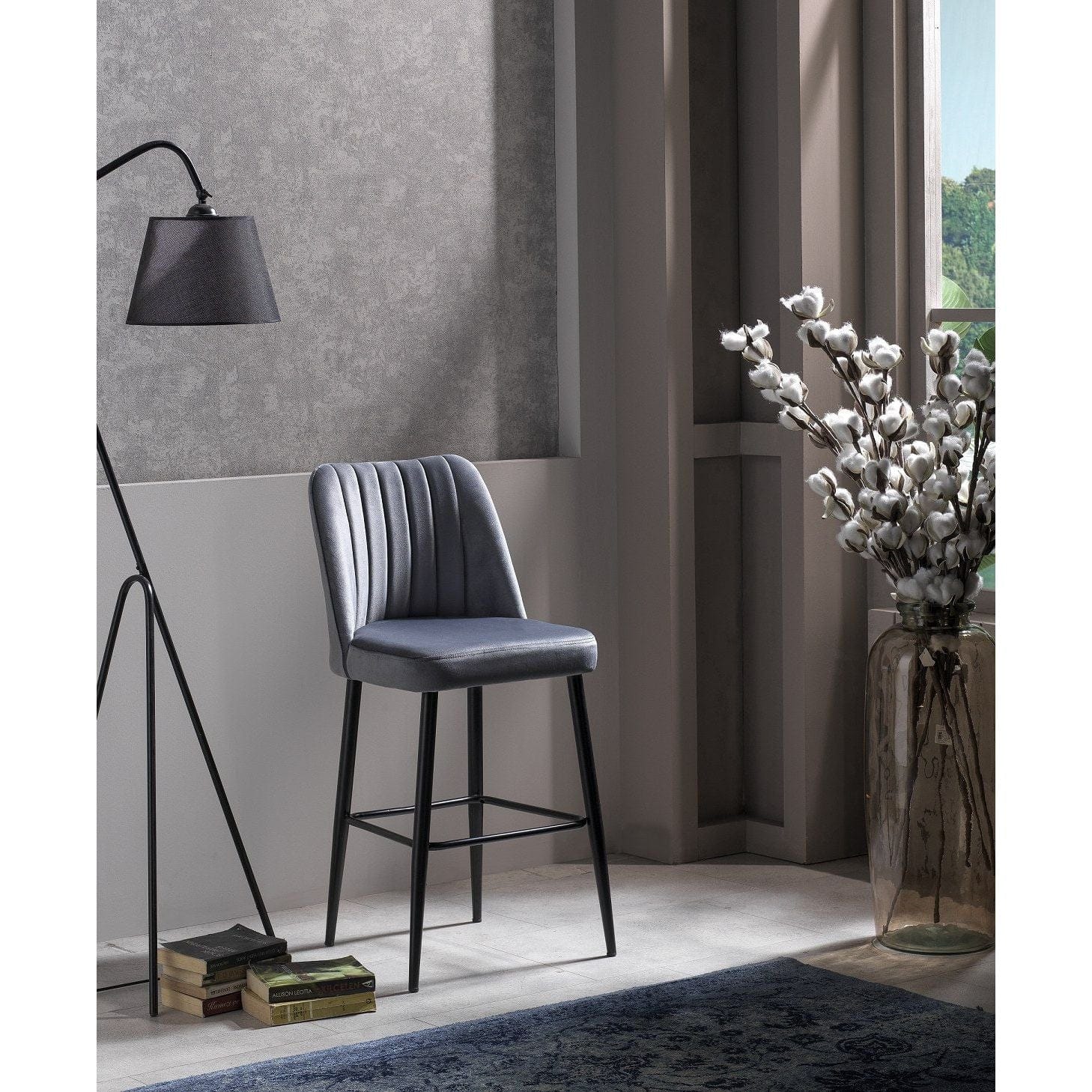 Set 2 scaune bar VENTO, gri/negru, stofa catifelata/metal, 49x45x99 cm