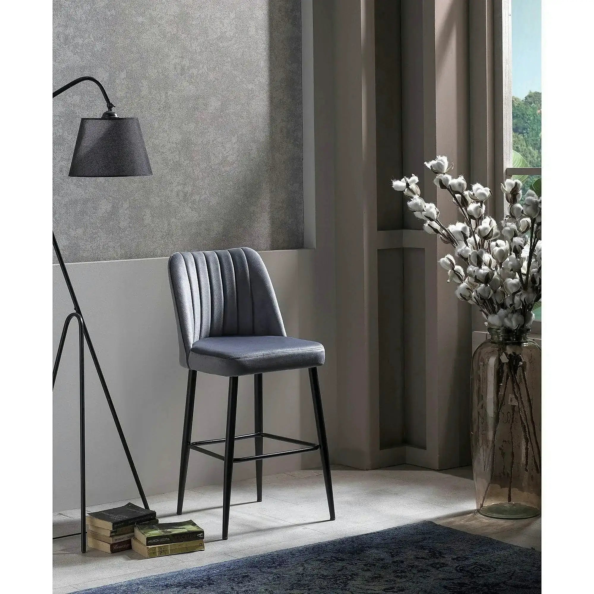 Set 2 scaune bar VENTO, gri/negru, stofa catifelata/metal, 49x45x99 cm