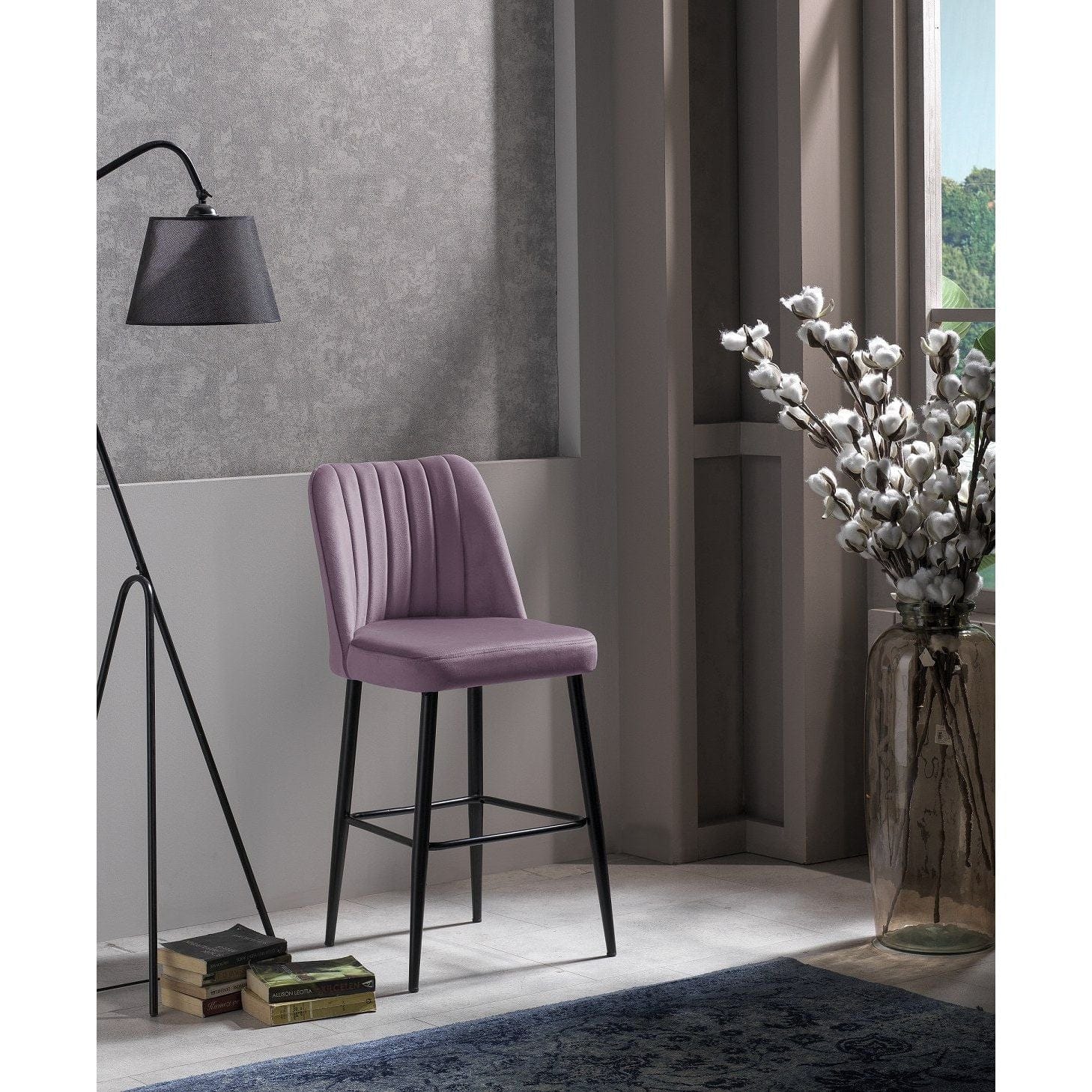 Set 2 scaune bar VENTO, lila/negru, stofa catifelata/metal, 49x45x99 cm