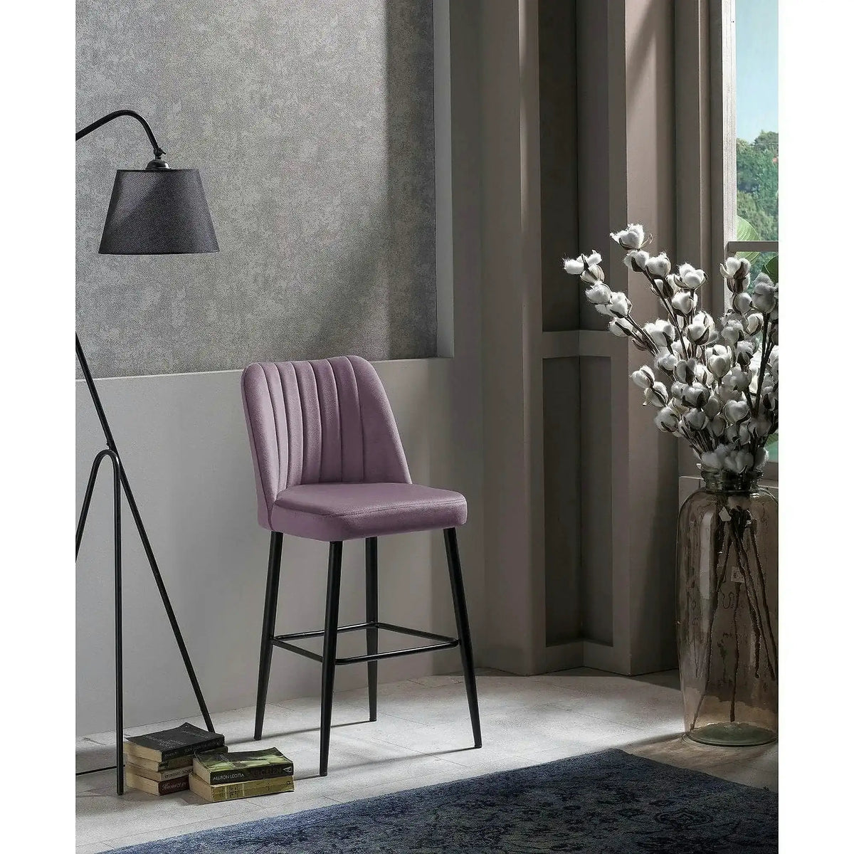 Set 2 scaune bar VENTO, lila/negru, stofa catifelata/metal, 49x45x99 cm
