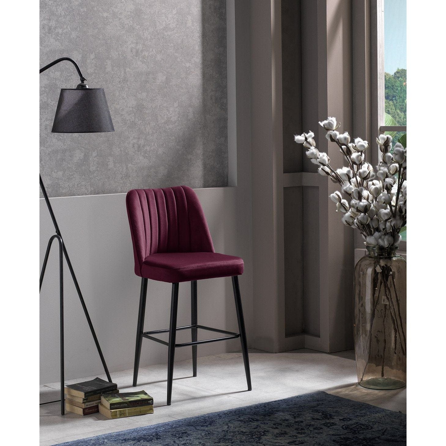 Set 2 scaune bar VENTO, rosu/negru, stofa catifelata/metal, 49x45x99 cm