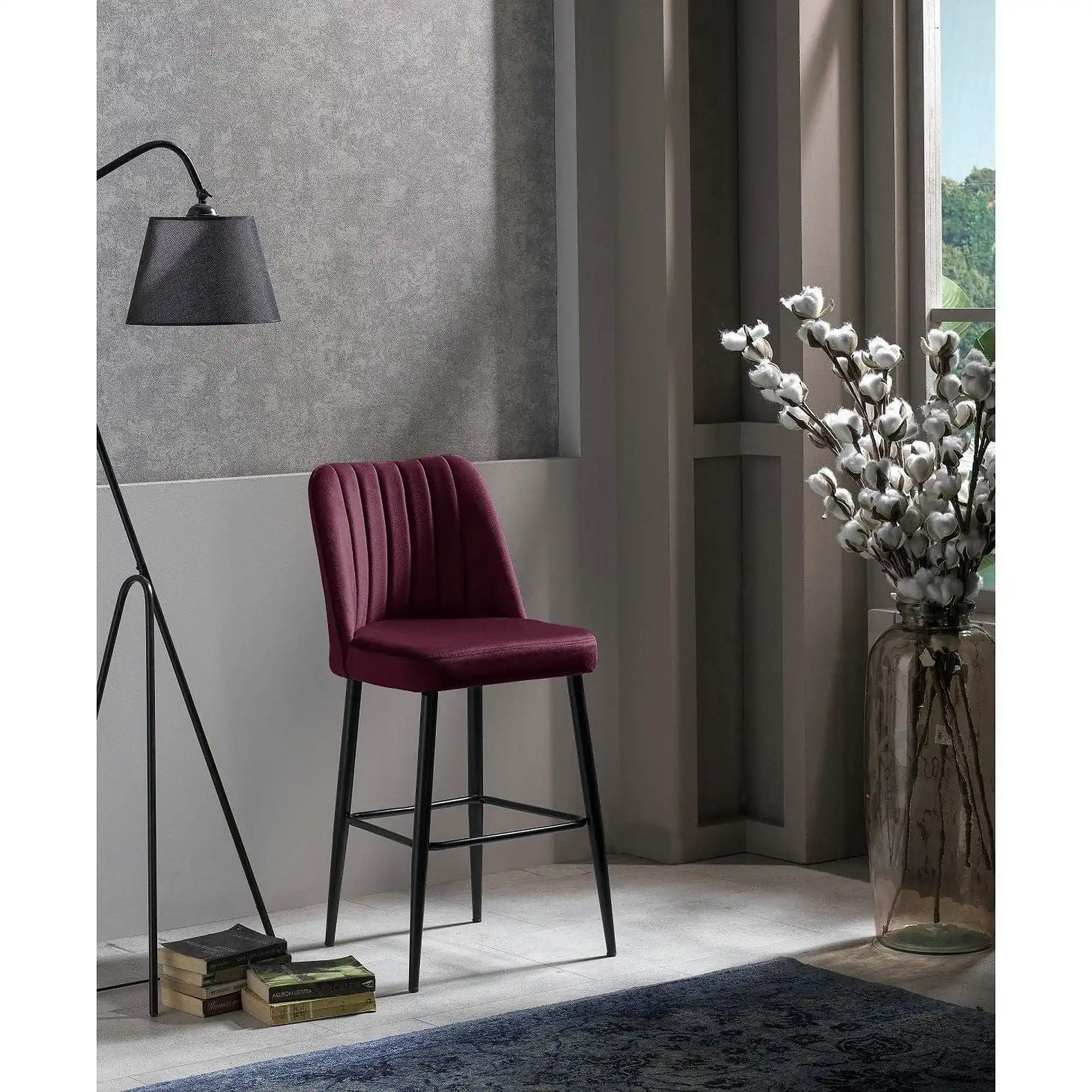 Set 2 scaune bar VENTO, rosu/negru, stofa catifelata/metal, 49x45x99 cm