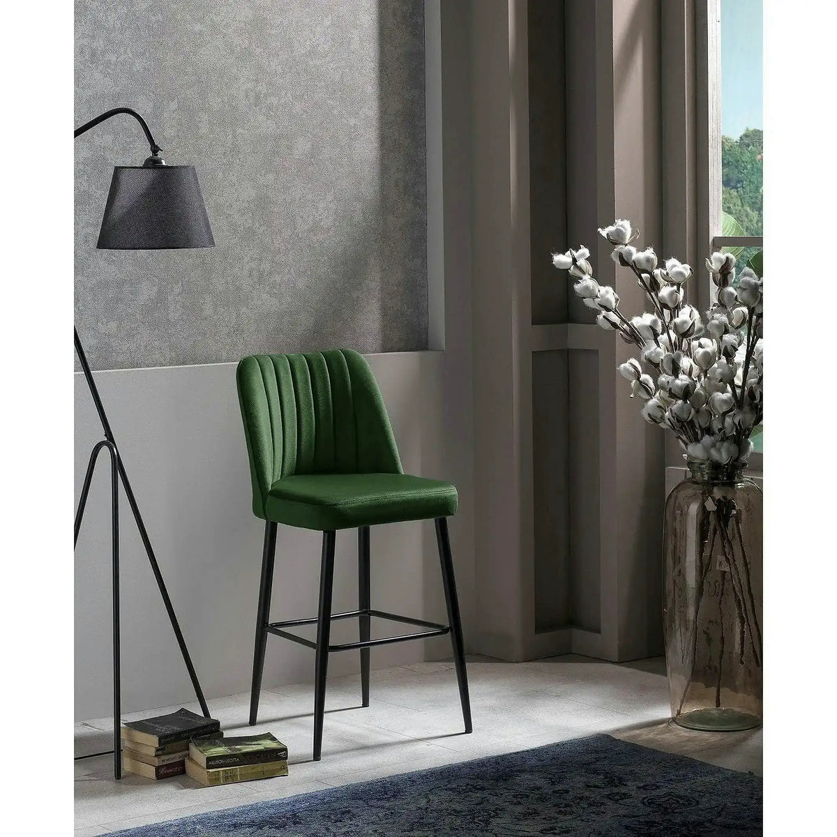 Set 2 scaune bar VENTO, verde/negru, stofa catifelata/metal, 49x45x99 cm