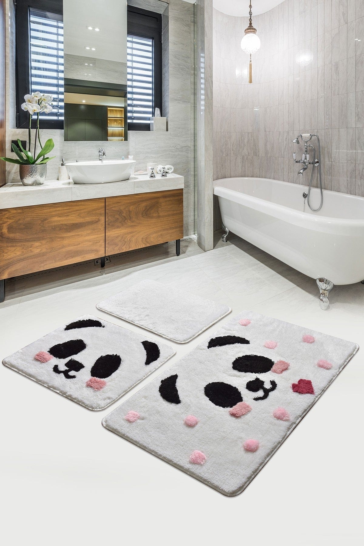 Set 3 covorase baie PANDA, forma dreptunghiulara, acril, multicolor
