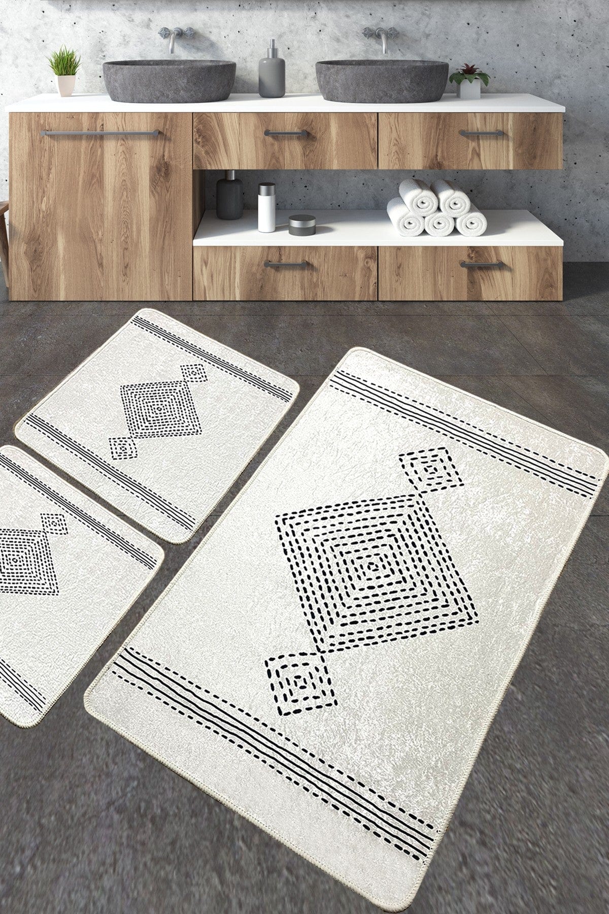 Set 3 covorase baie TATIANA, forma dreptunghiulara,poliester, crem/gri