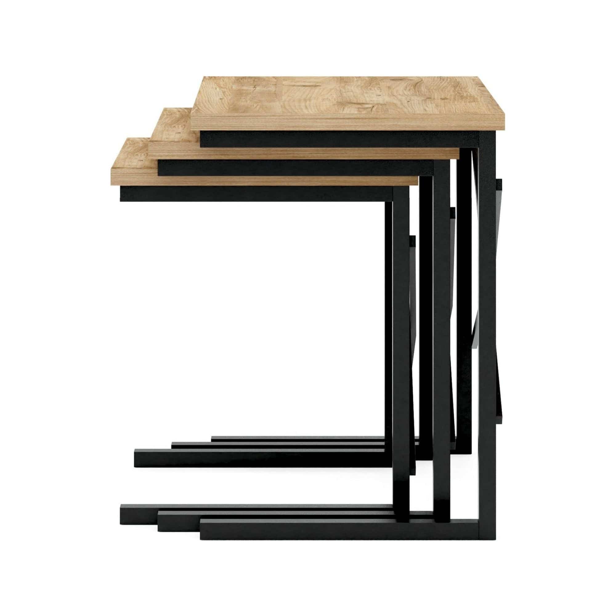 Set 3 masute 115DLY1101, stejar/negru, PAL melaminat/metal