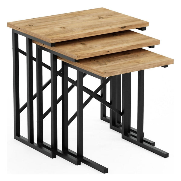 Set 3 masute 115DLY1103, stejar/negru, PAL melaminat/metal