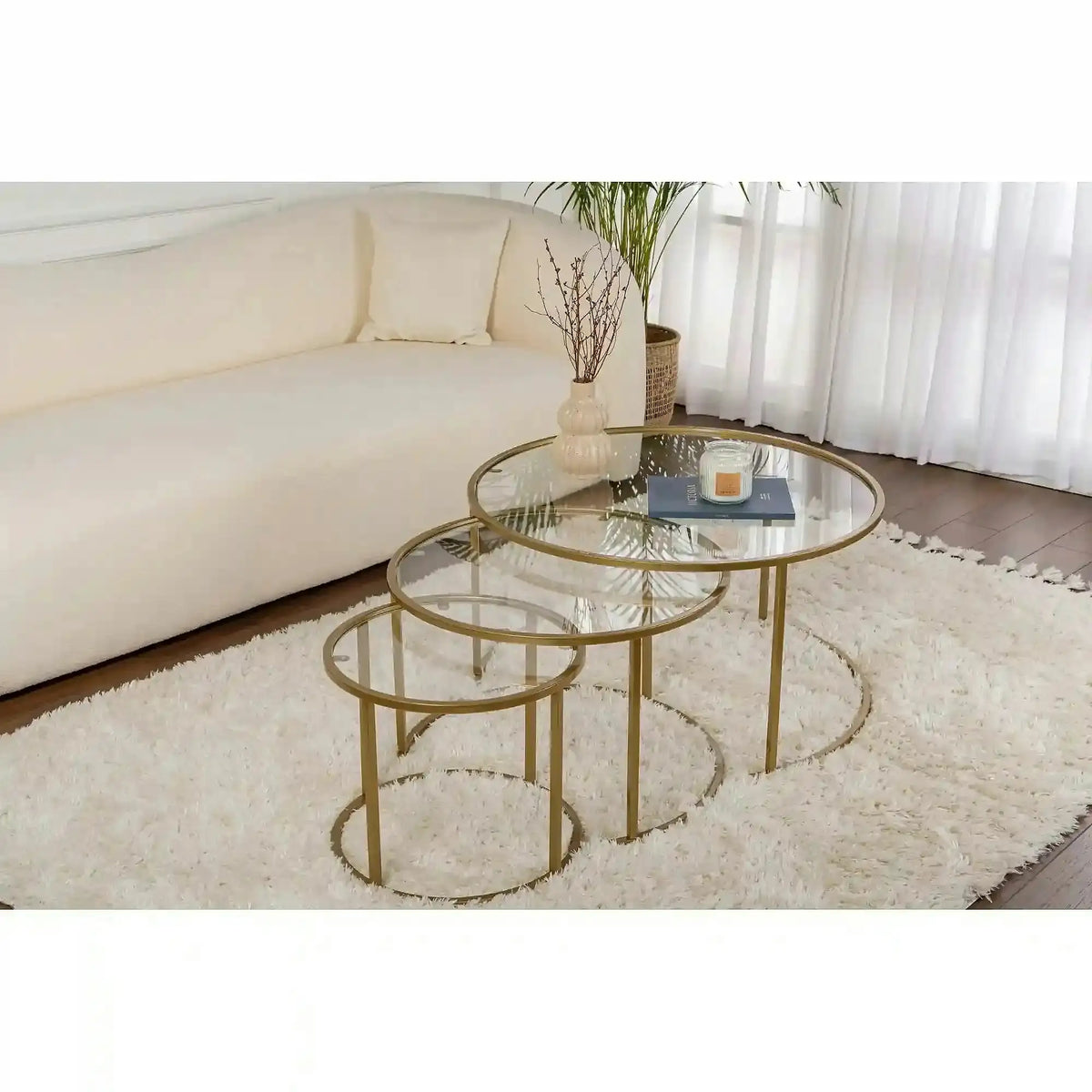 Set 3 masute cafea AURUM, transparent/auriu, sticla/metal