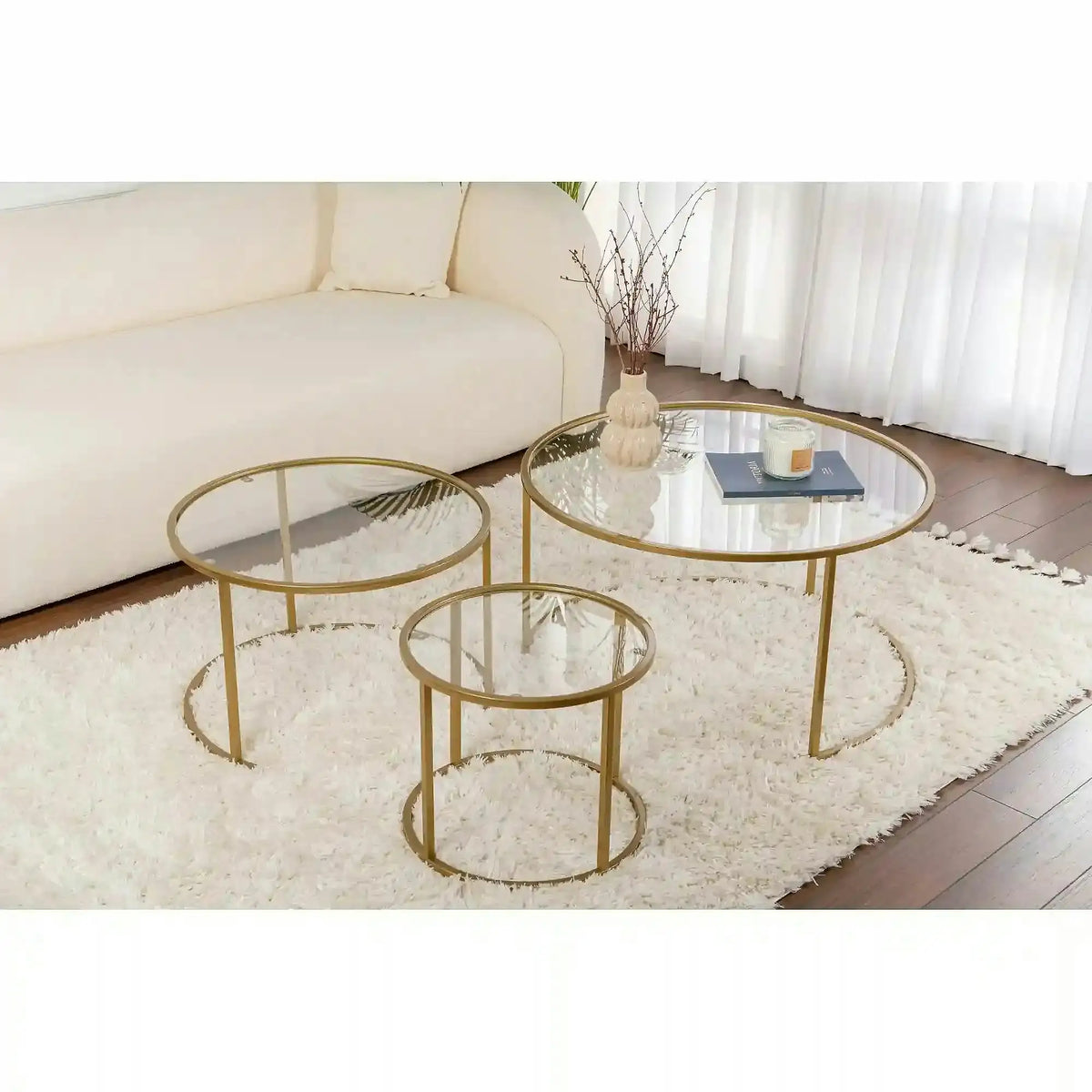 Set 3 masute cafea AURUM, transparent/auriu, sticla/metal