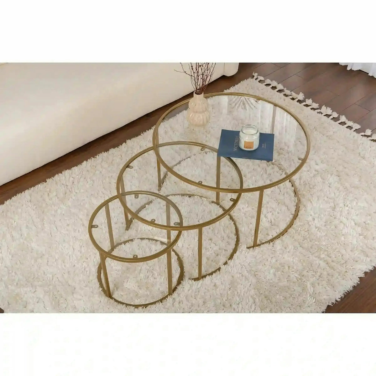 Set 3 masute cafea AURUM, transparent/auriu, sticla/metal