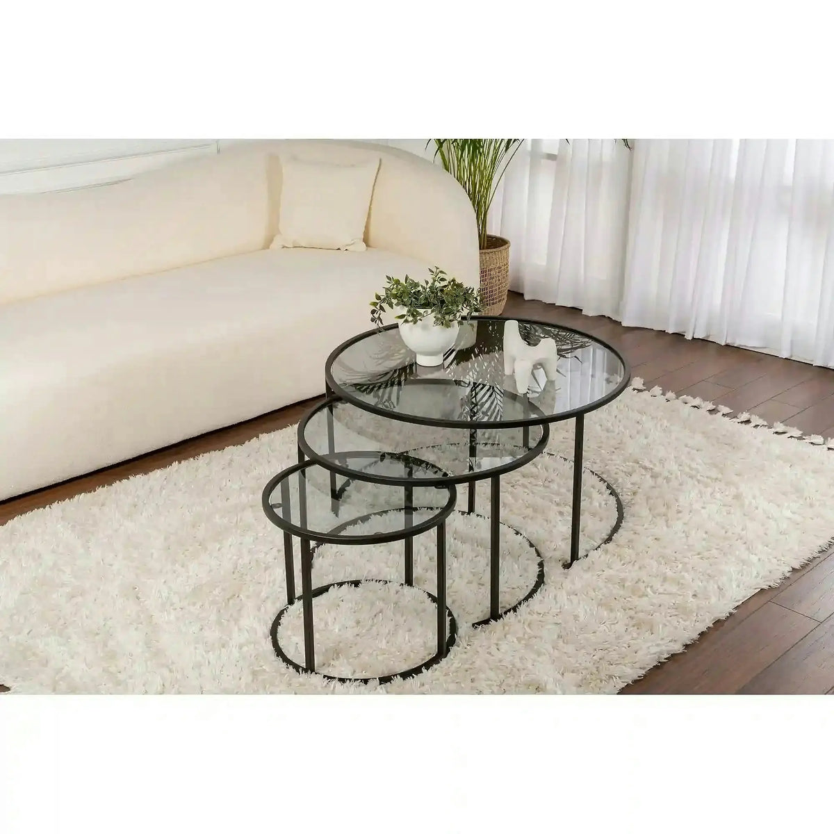 Set 3 masute cafea AURUM, transparent/negru, sticla/metal