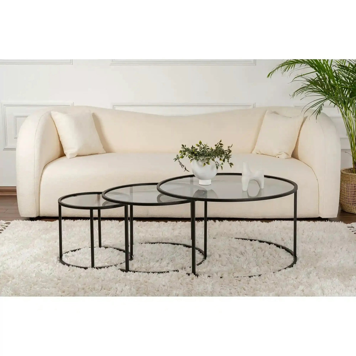 Set 3 masute cafea AURUM, transparent/negru, sticla/metal