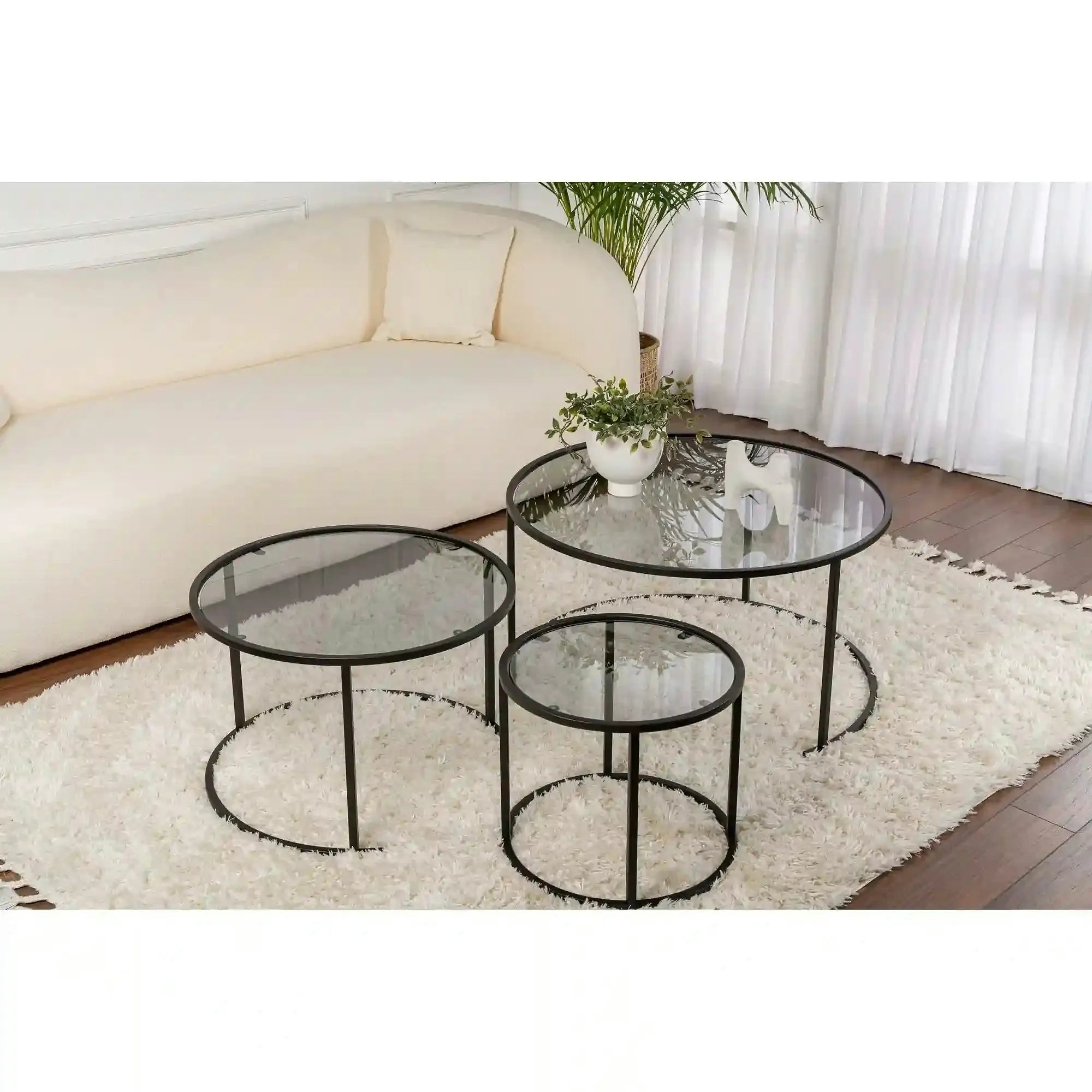 Set 3 masute cafea AURUM, transparent/negru, sticla/metal