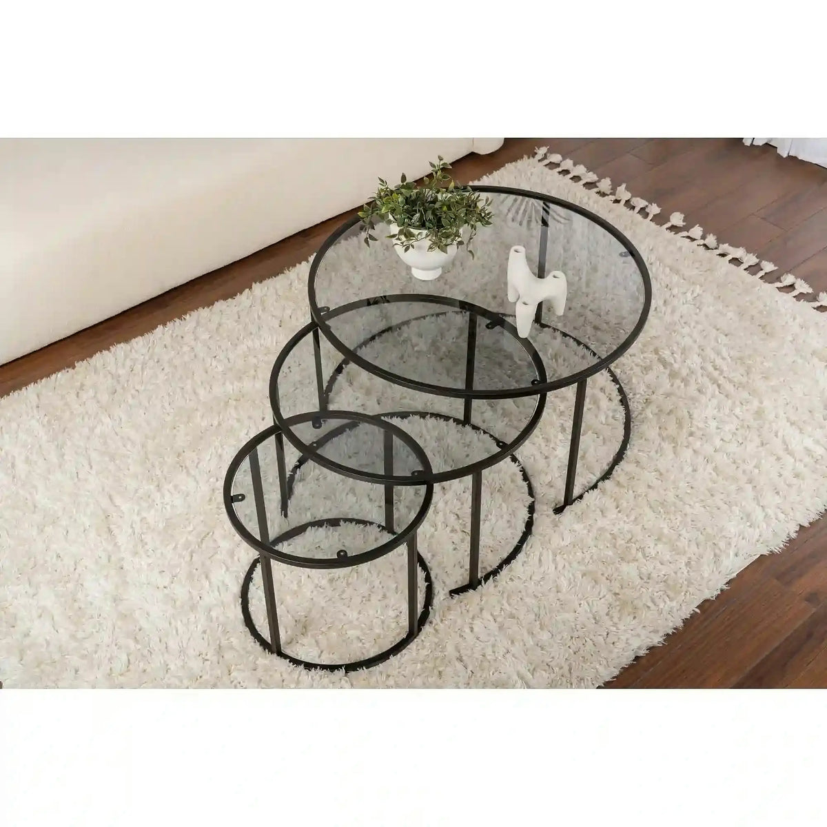 Set 3 masute cafea AURUM, transparent/negru, sticla/metal