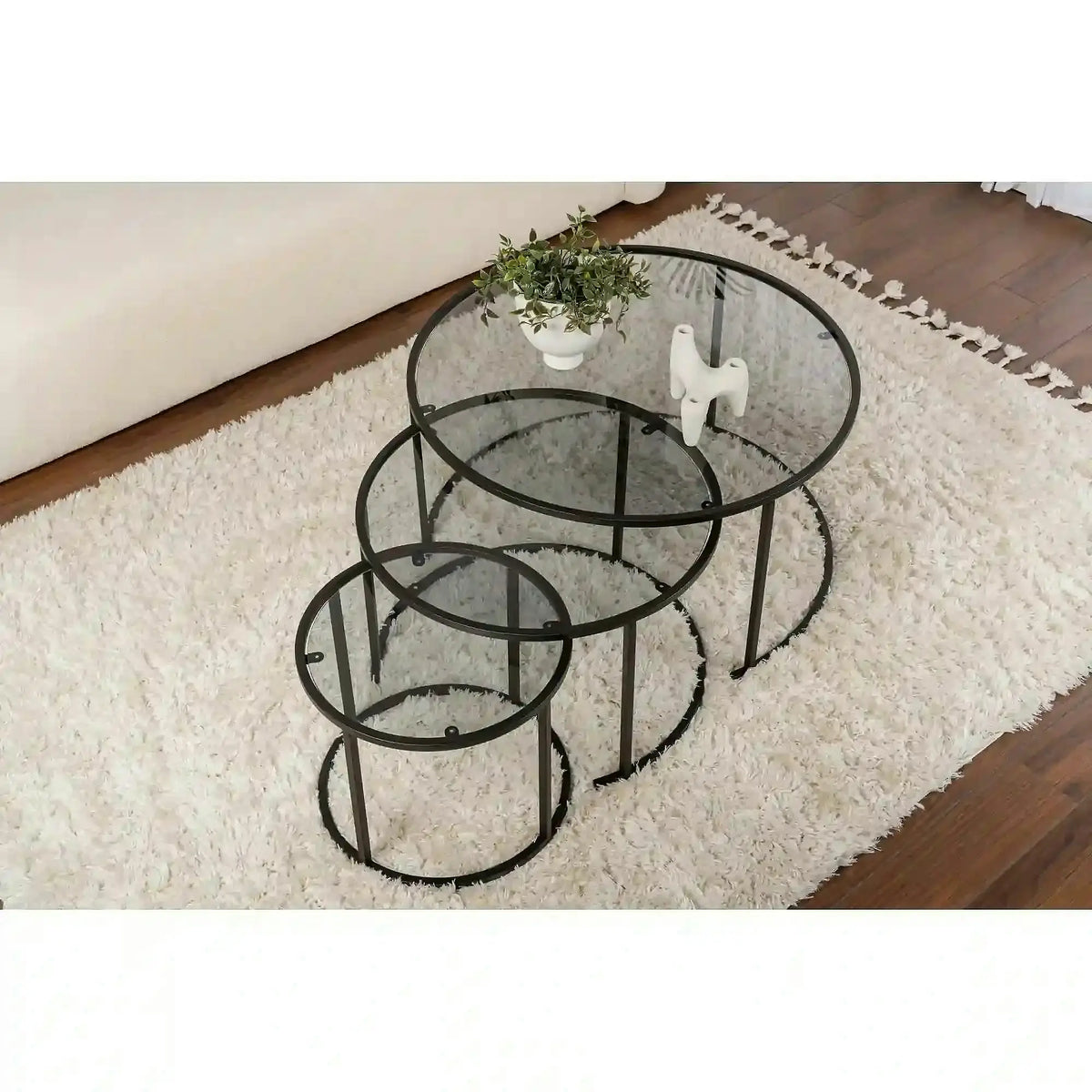 Set 3 masute cafea AURUM, transparent/negru, sticla/metal