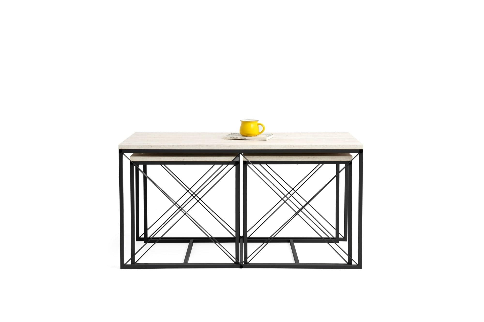 Set 3 masute cafea DEFNE, bej cu efect de marmura/negru, PAL melaminat/metal