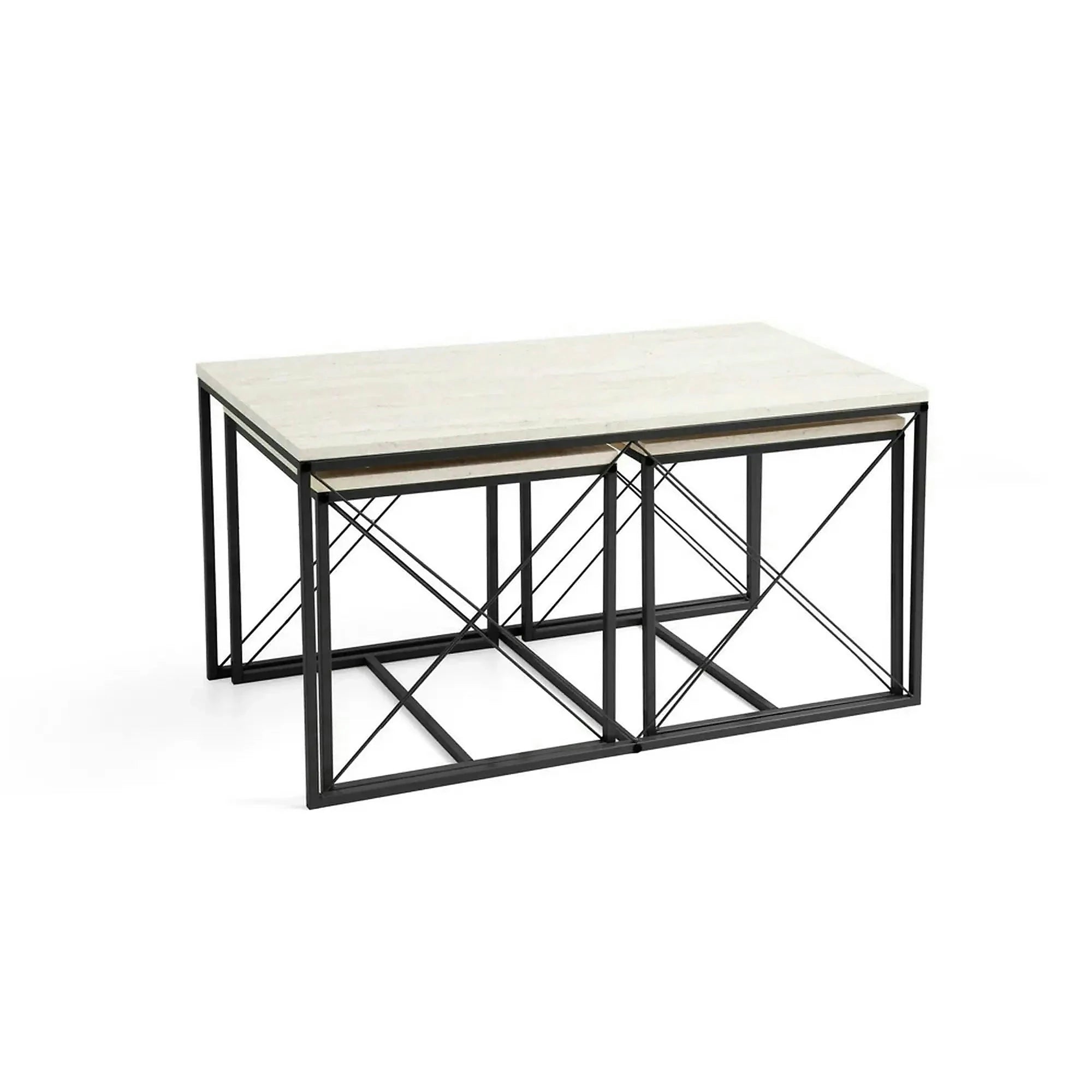 Set 3 masute cafea DEFNE, bej cu efect de marmura/negru, PAL melaminat/metal