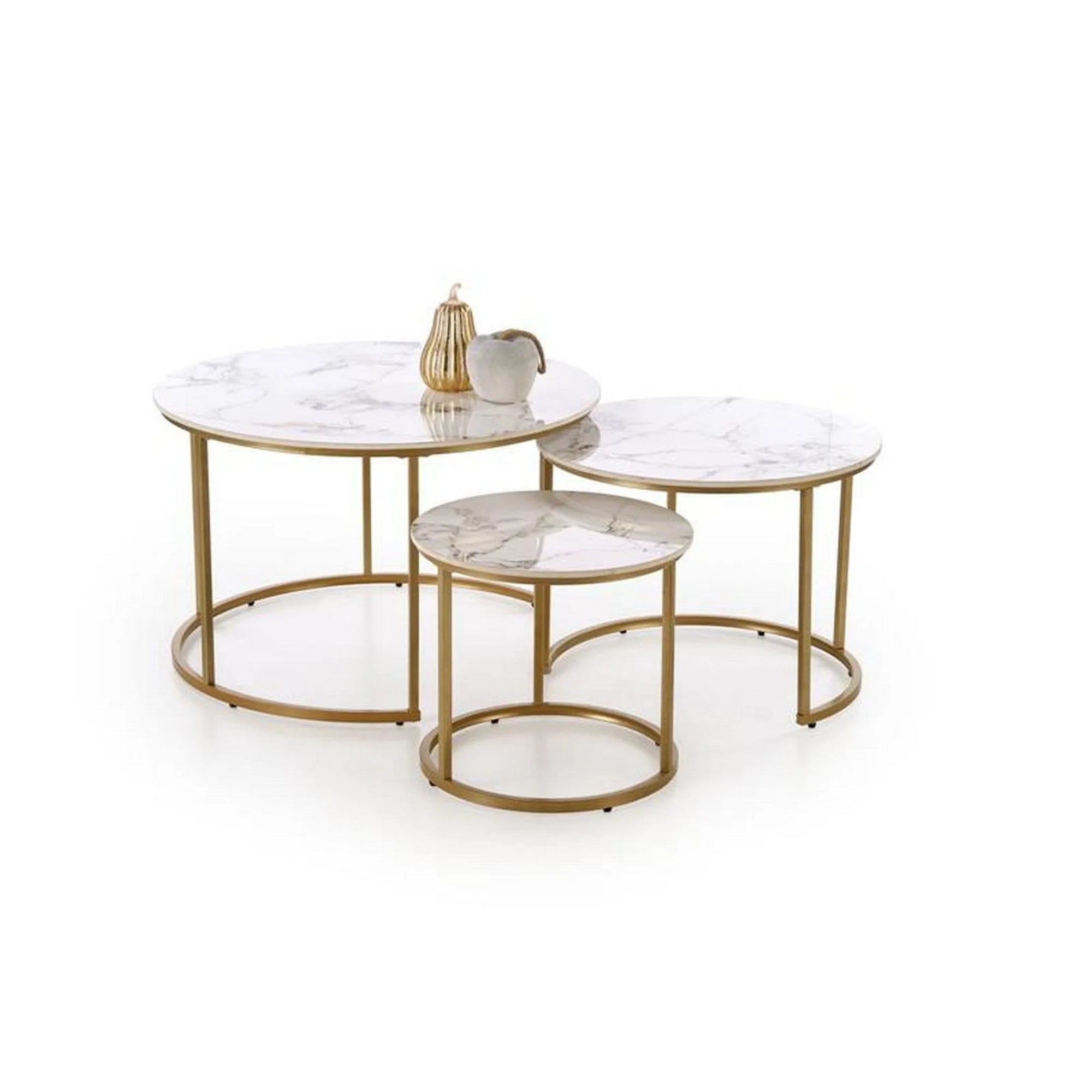 Set 3 masute GILDA, alb cu efect de marmura/auriu, piatra sinterizata/metal